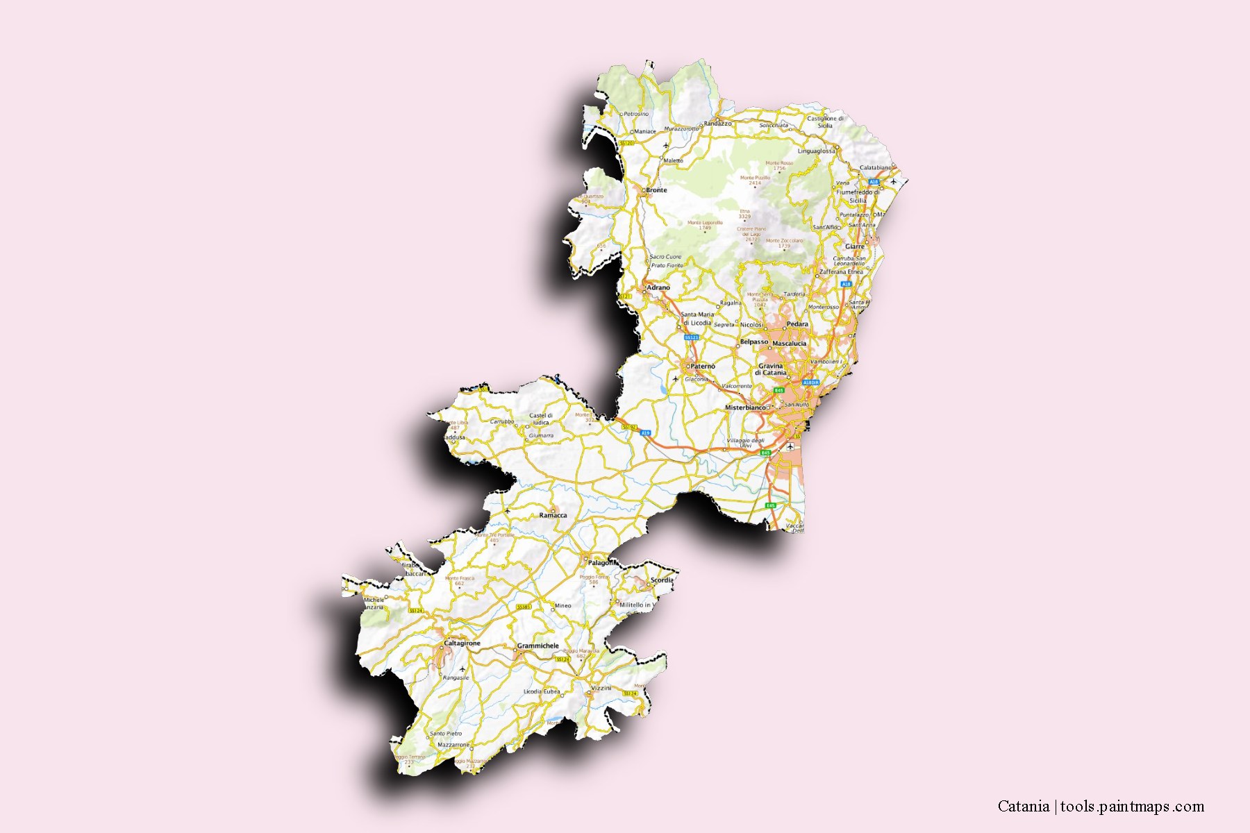 Mapa de Catania y sus distritos con efecto de sombra 3D