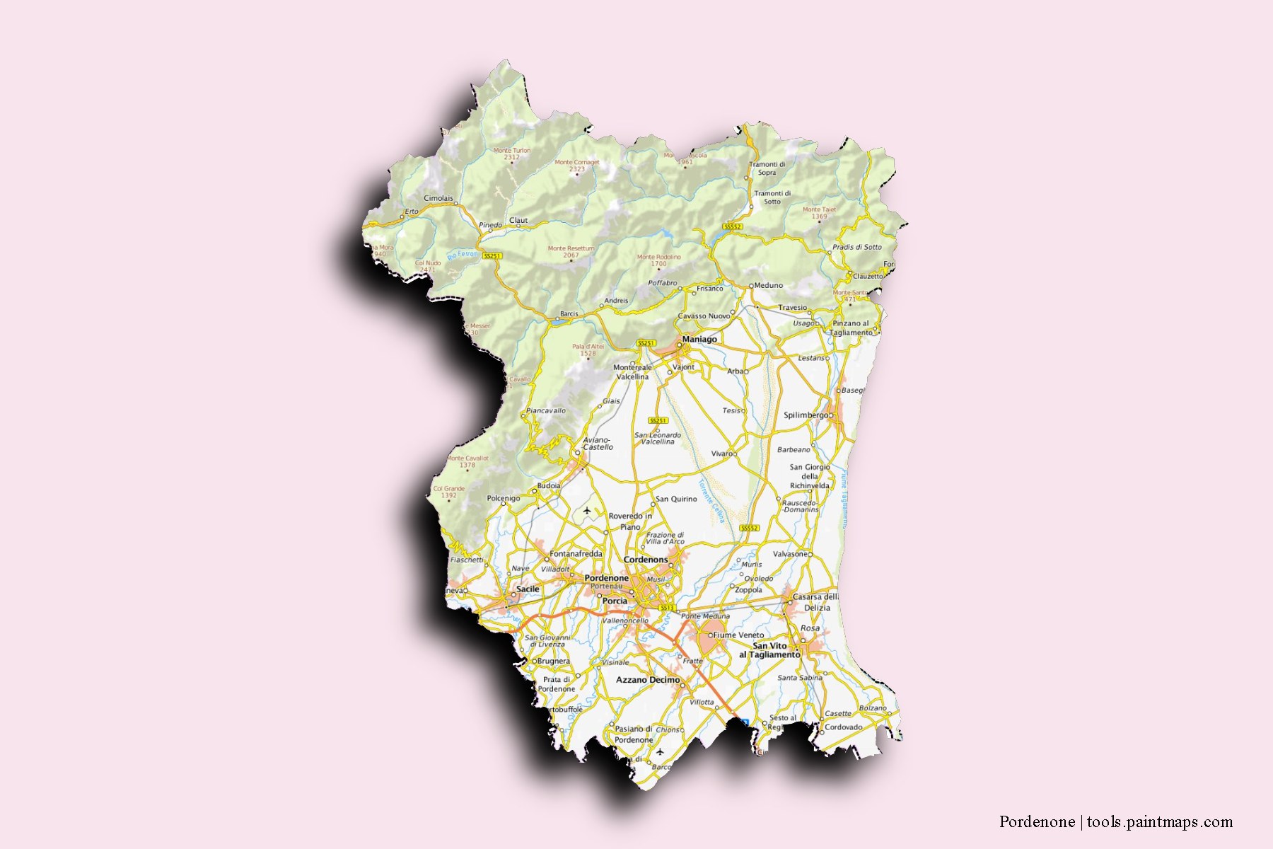 Pordenone and counties map with 3D shadow effect