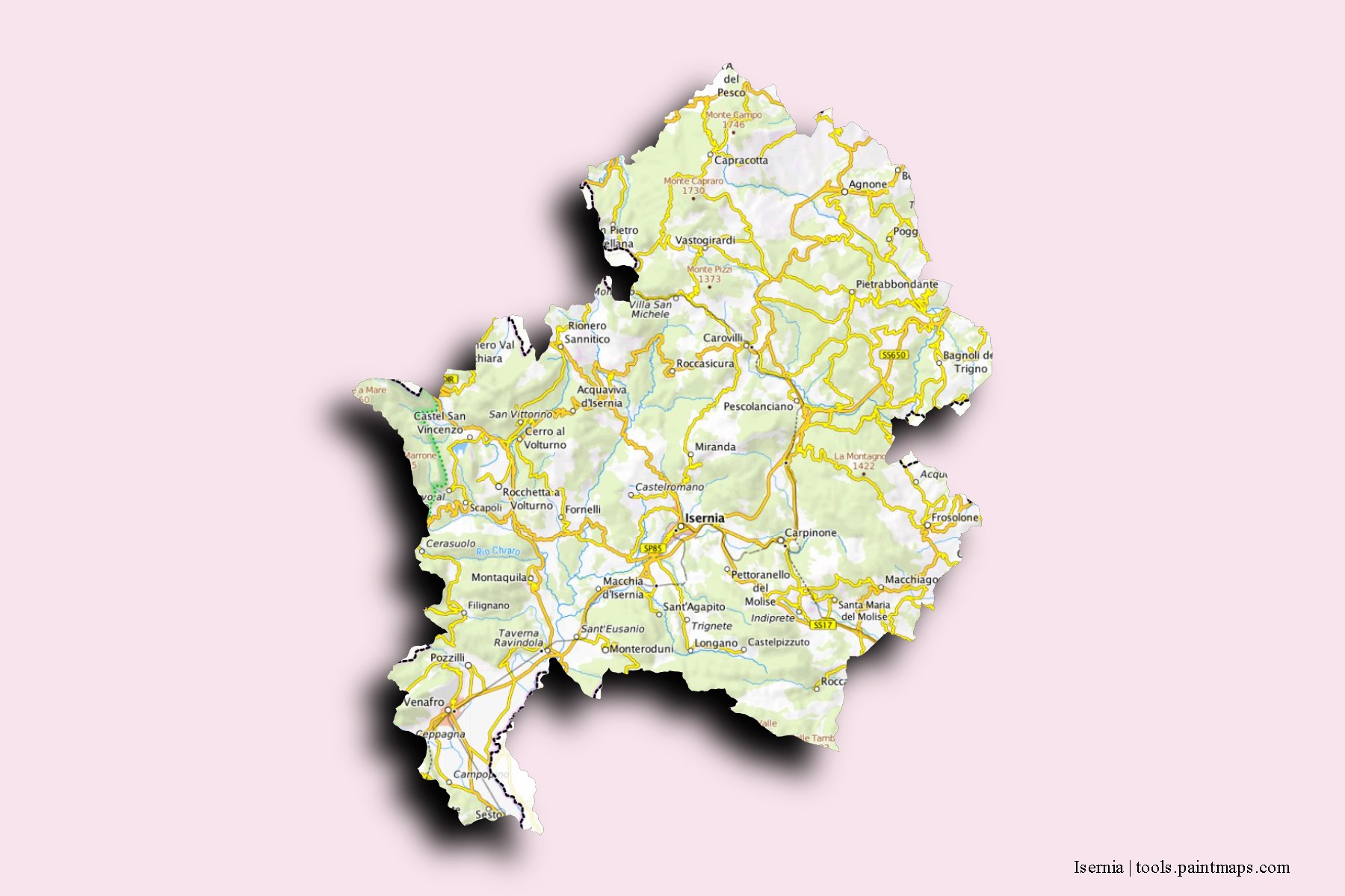 Isernia and counties map with 3D shadow effect