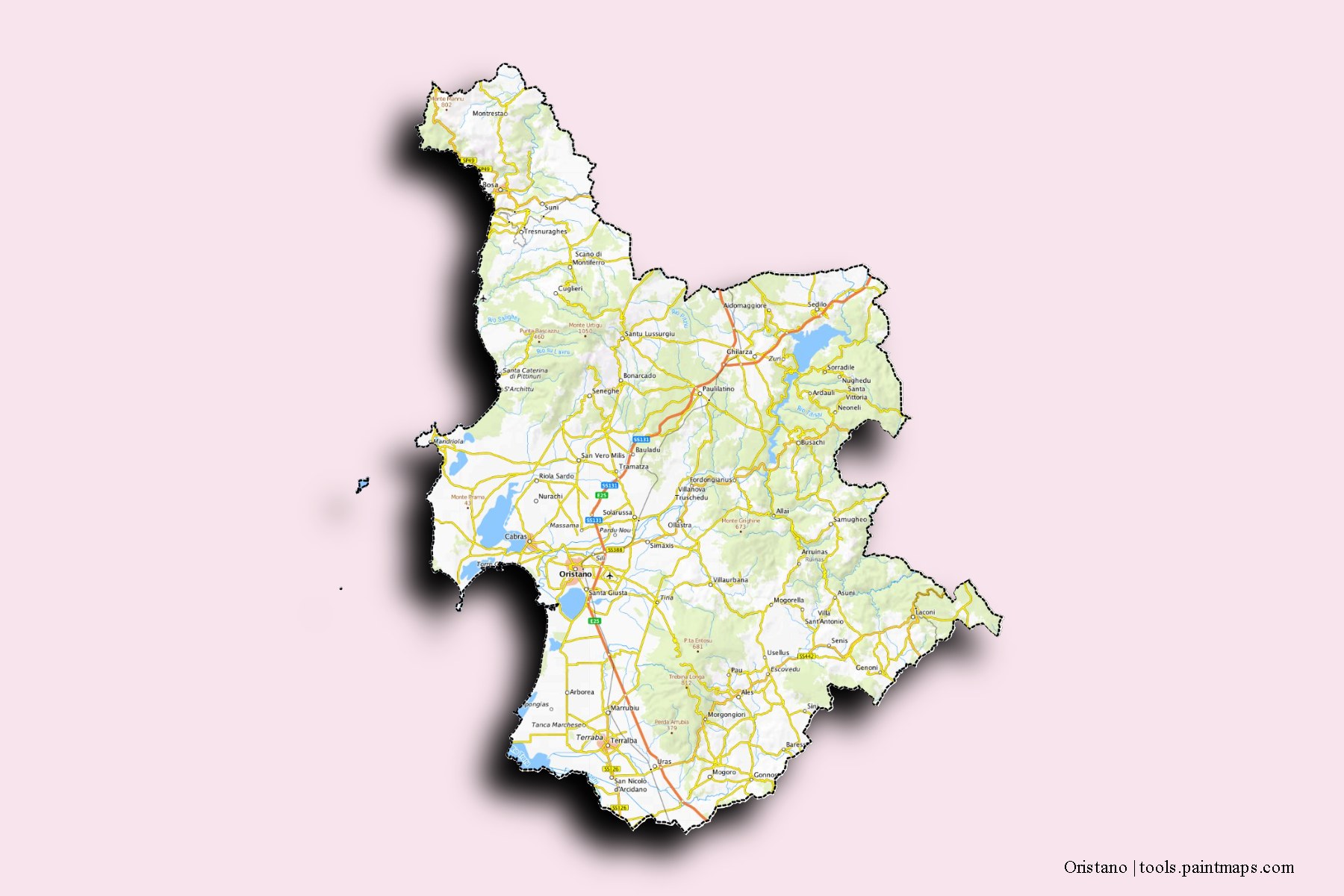 Oristano and counties map with 3D shadow effect