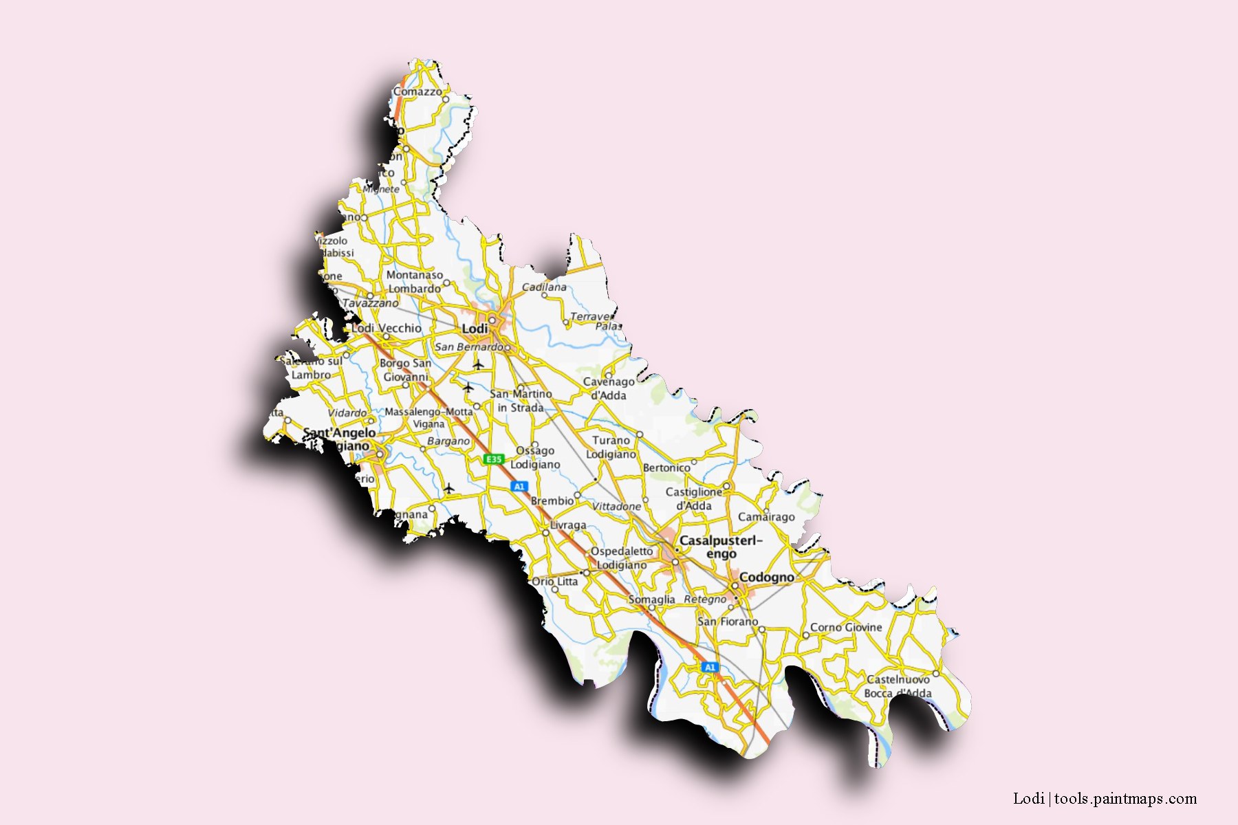 Lodi and counties map with 3D shadow effect