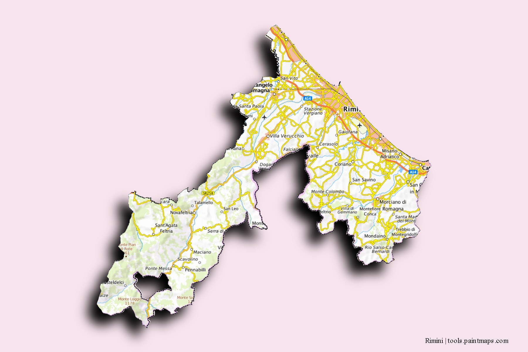 Mapa de Rimini y sus distritos con efecto de sombra 3D