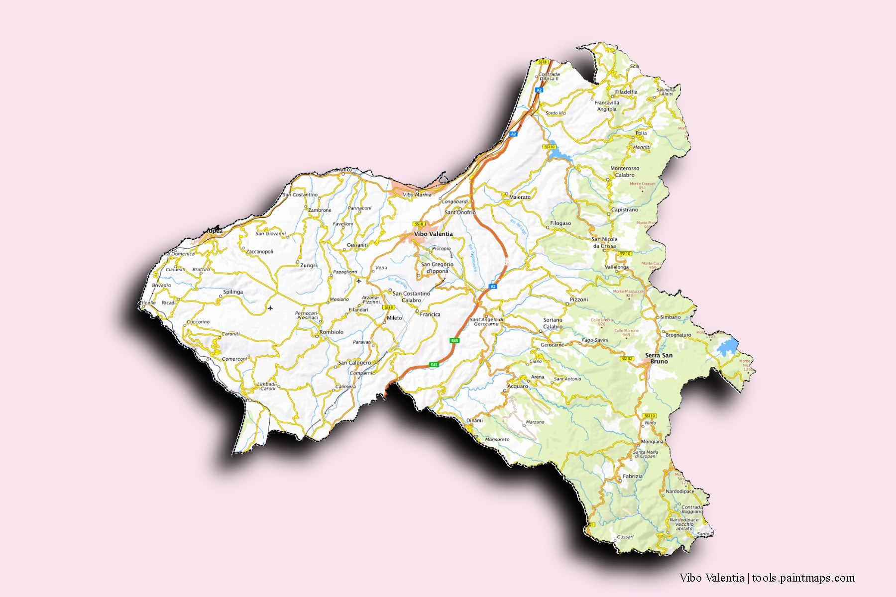 Vibo Valentia and counties map with 3D shadow effect