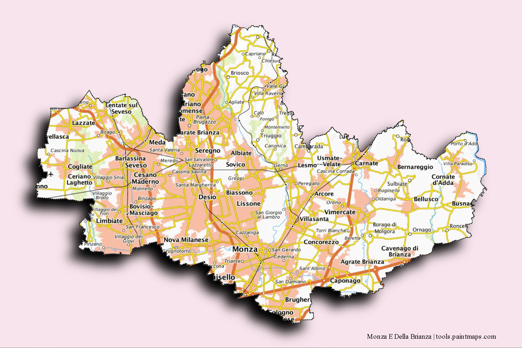 Mapa de Monza E Della Brianza y sus distritos con efecto de sombra 3D