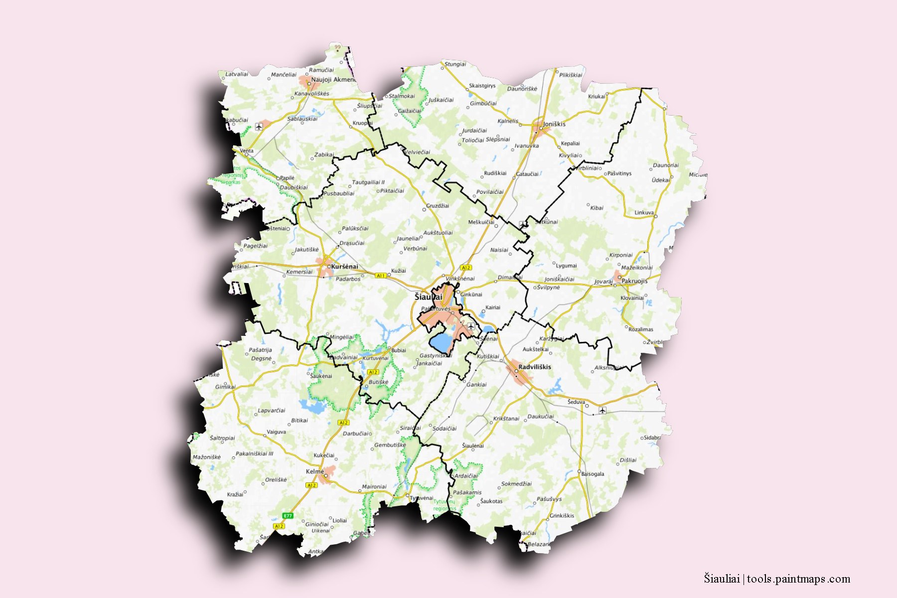 Šiauliai County and counties map with 3D shadow effect