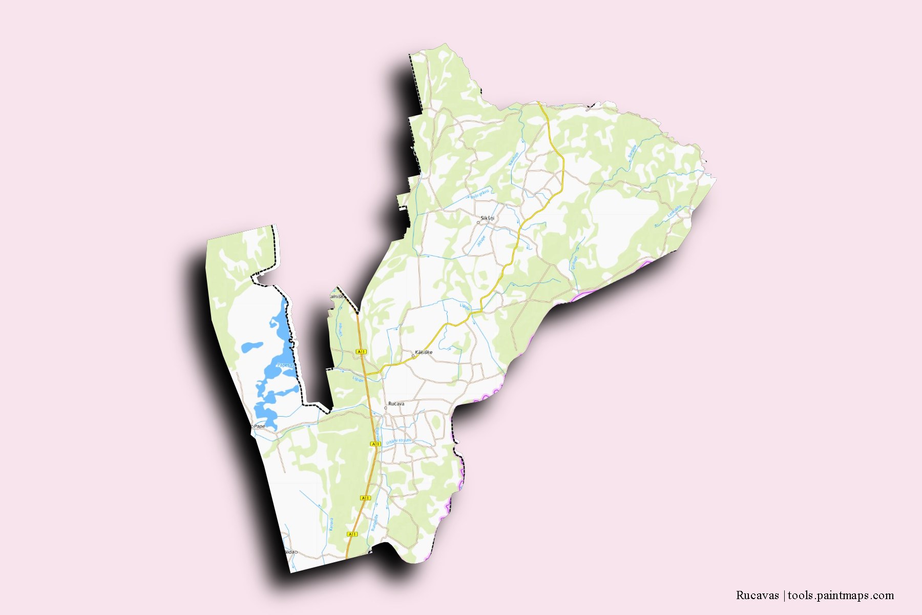 Mapa de Rucavas y sus distritos con efecto de sombra 3D