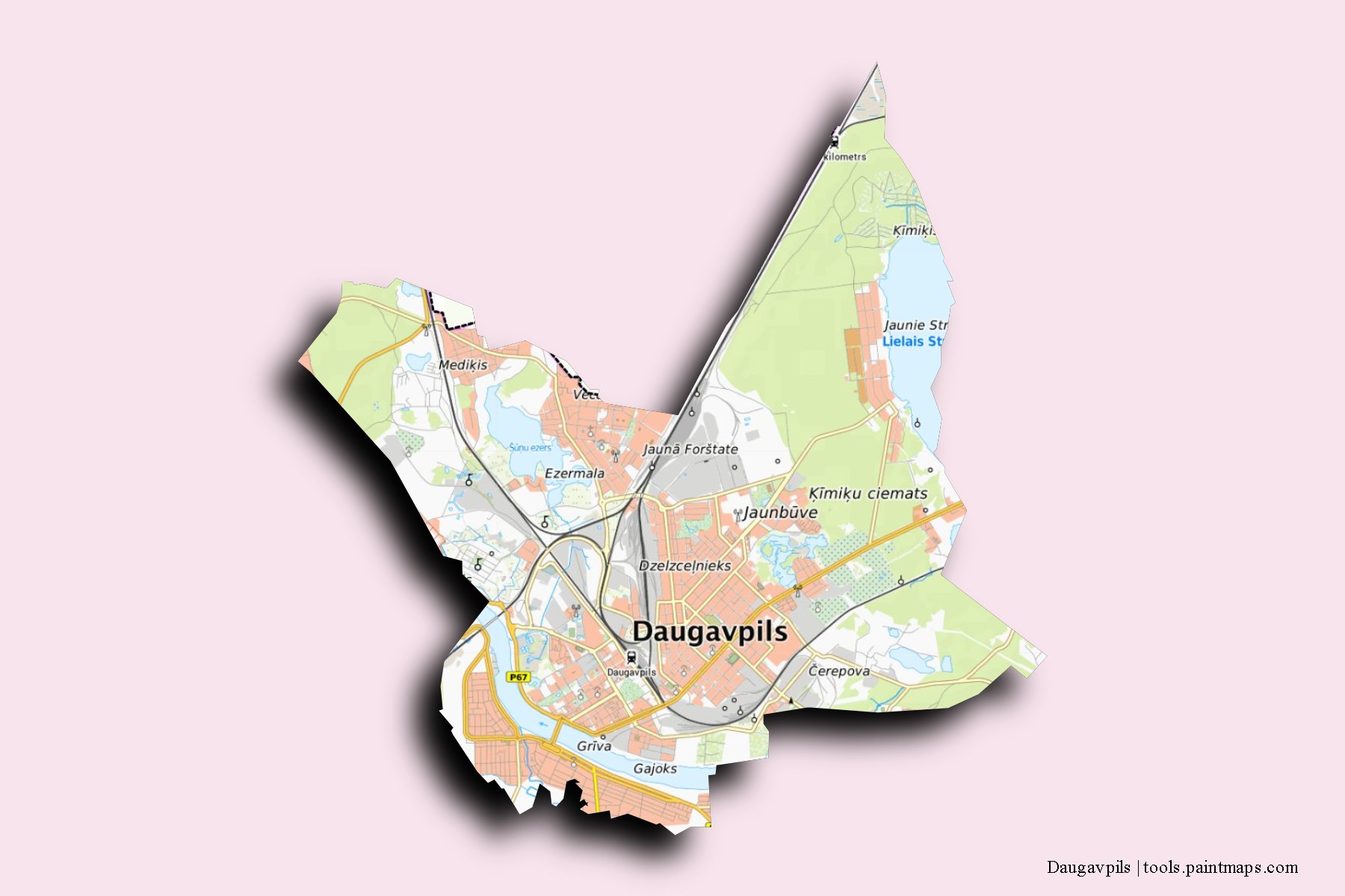 Mapa de Daugavpils y sus distritos con efecto de sombra 3D