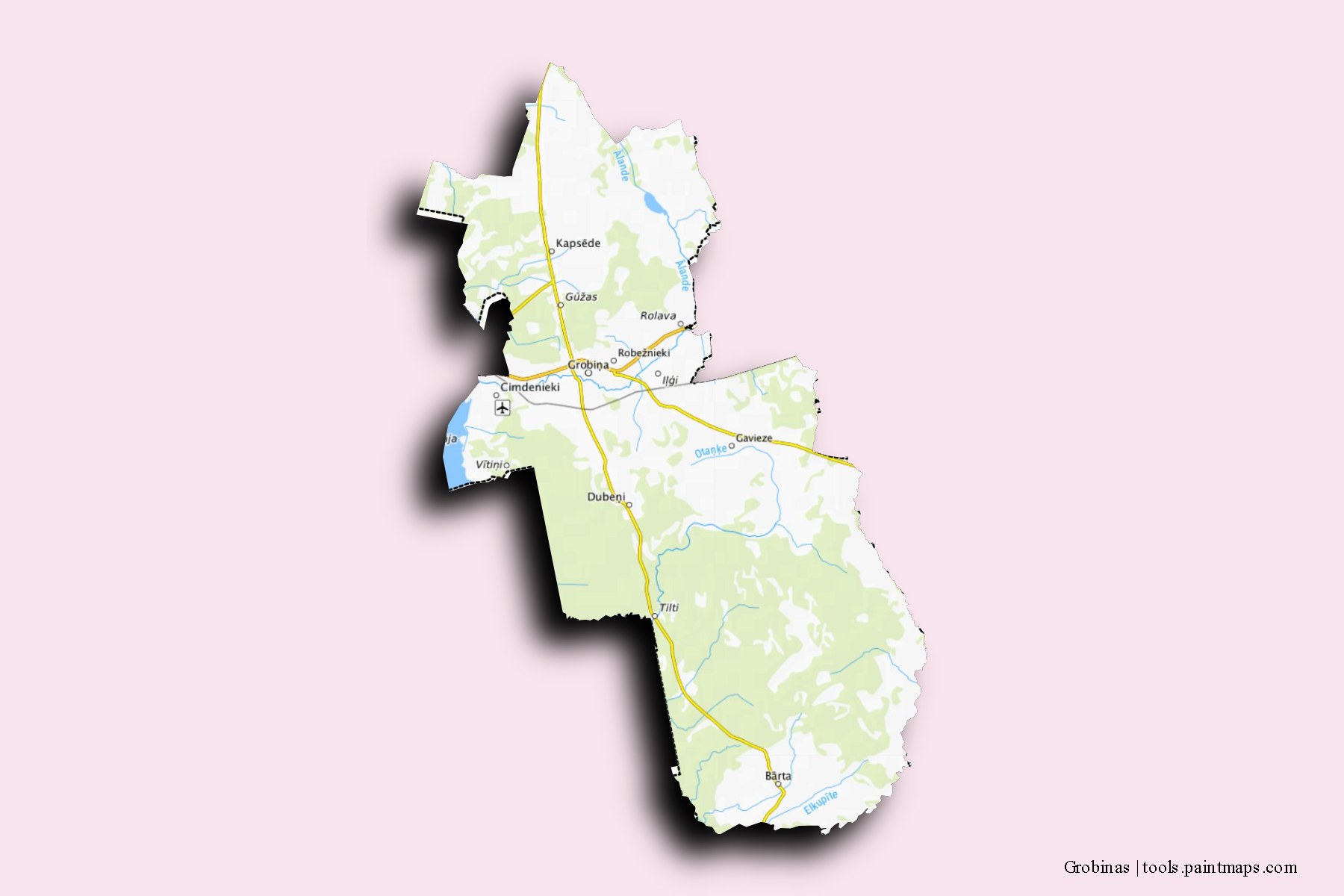 Mapa de Grobinas y sus distritos con efecto de sombra 3D