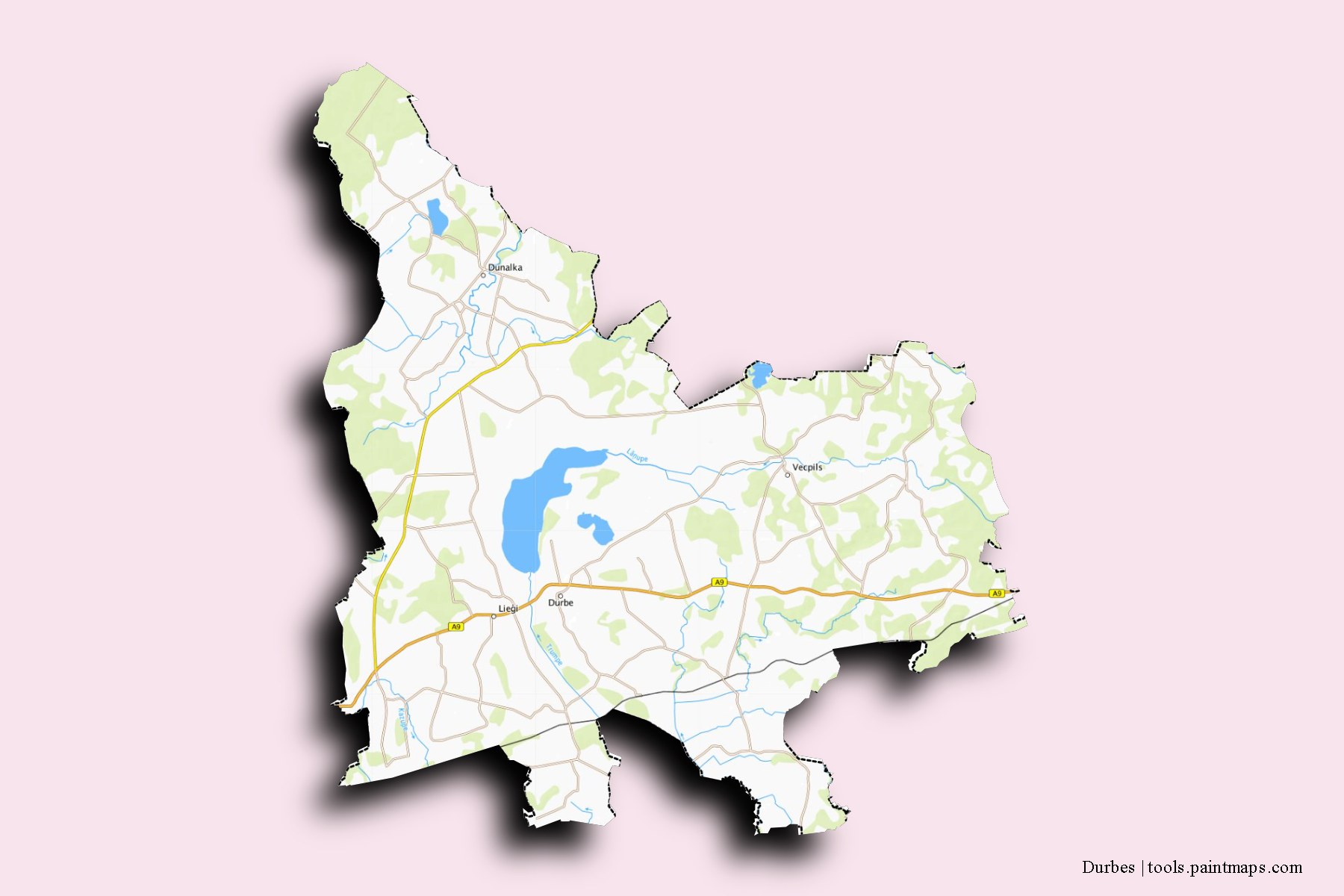 Durbes and counties map with 3D shadow effect