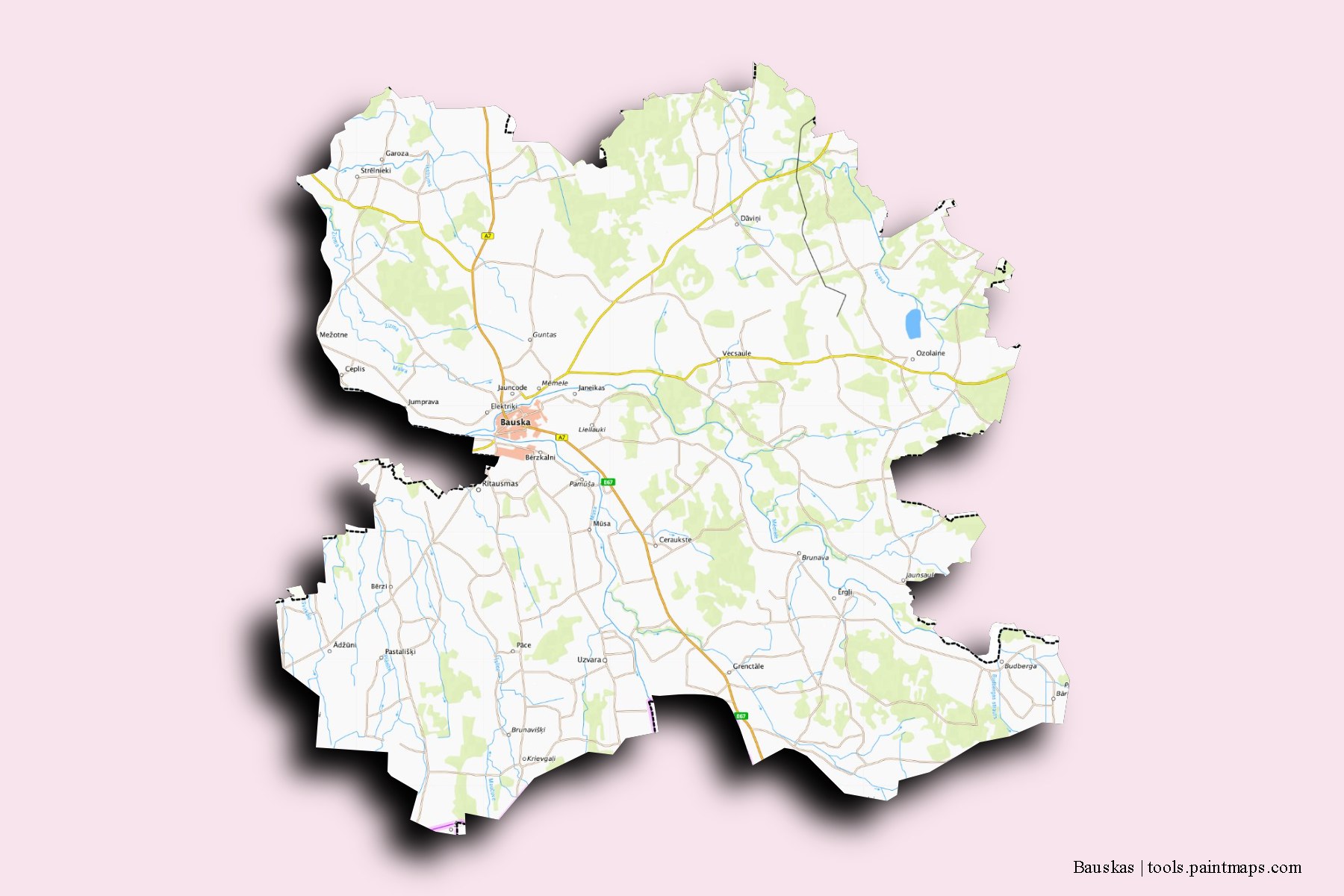 Mapa de Bauskas y sus distritos con efecto de sombra 3D