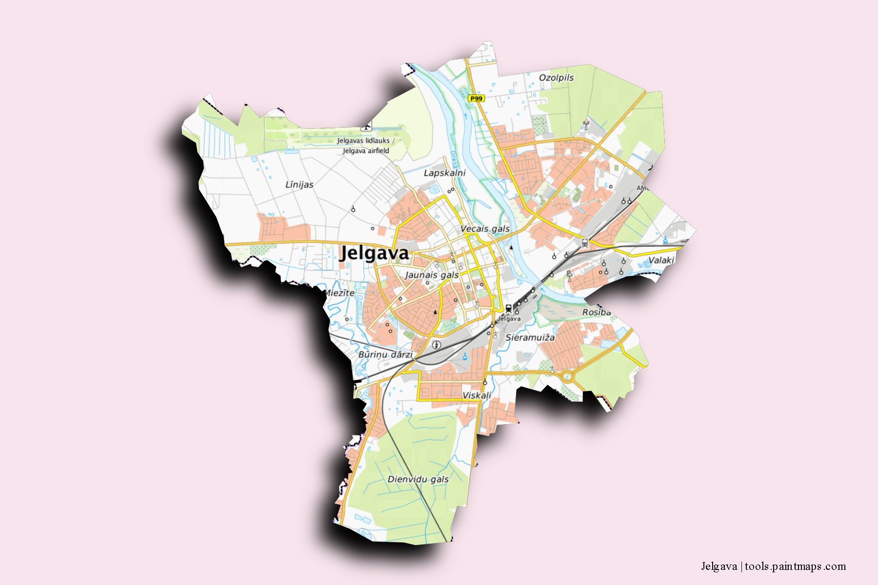 Jelgava and counties map with 3D shadow effect