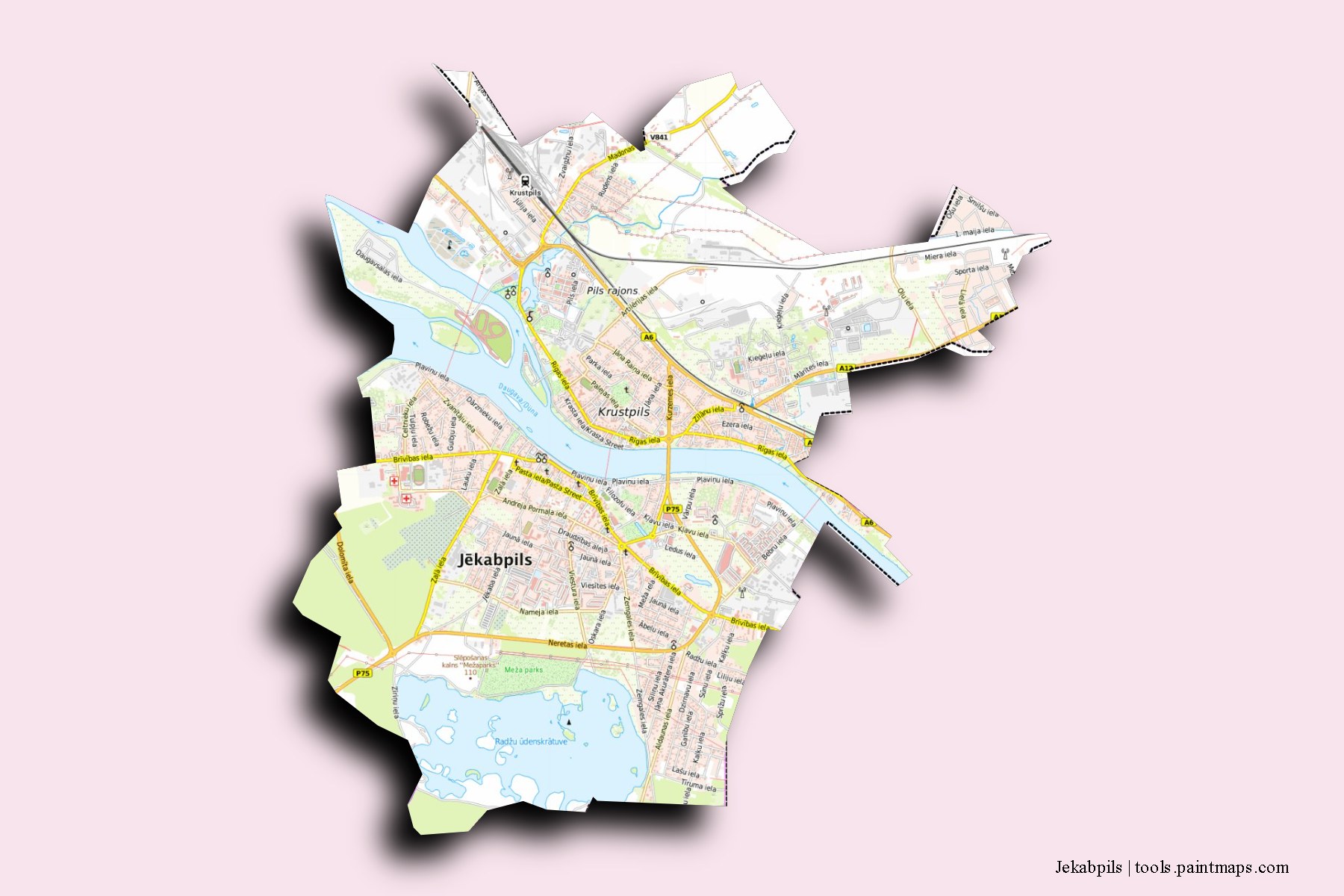 Mapa de Jekabpils y sus distritos con efecto de sombra 3D