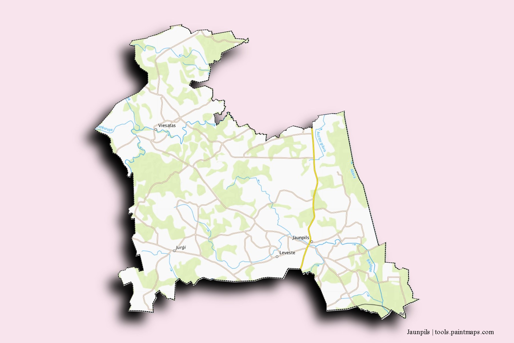 Mapa de Jaunpils y sus distritos con efecto de sombra 3D