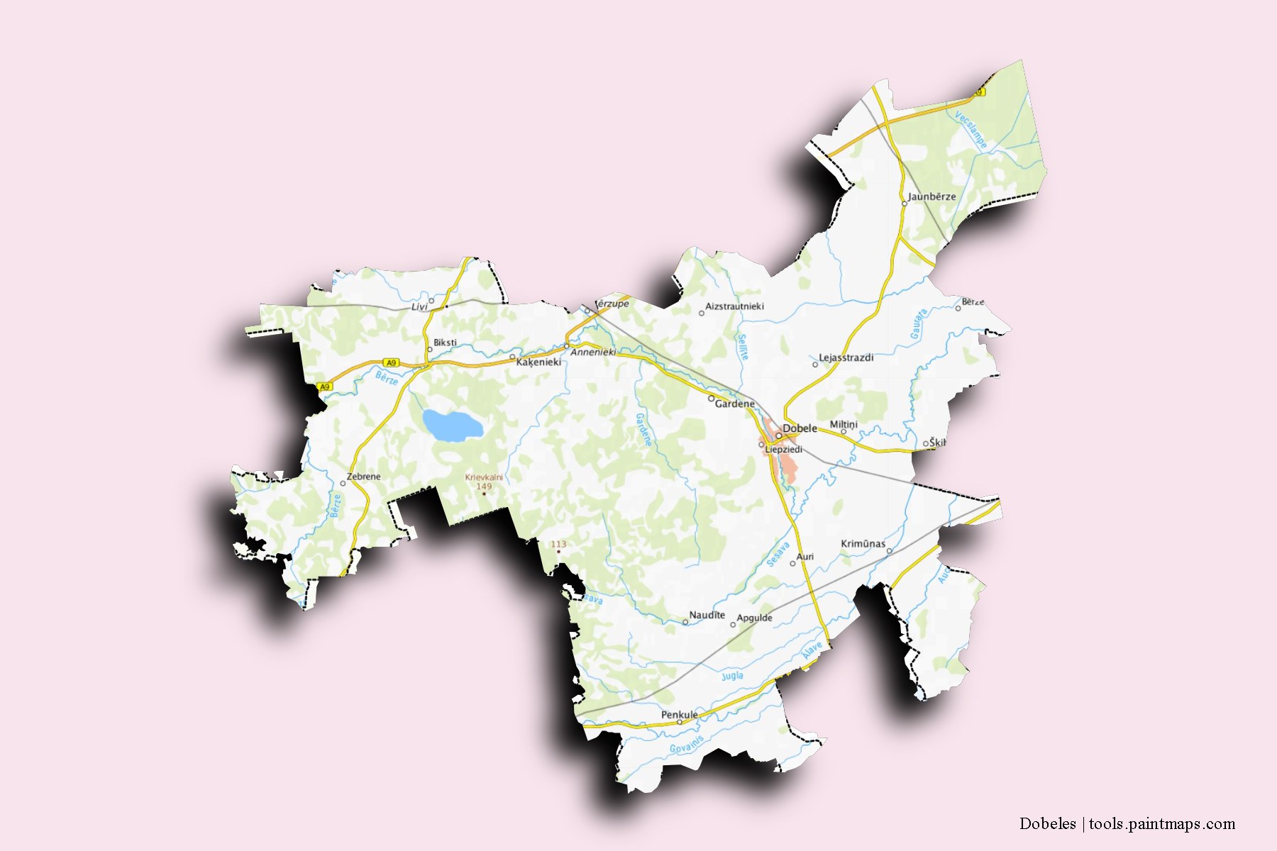 Mapa de Dobeles y sus distritos con efecto de sombra 3D