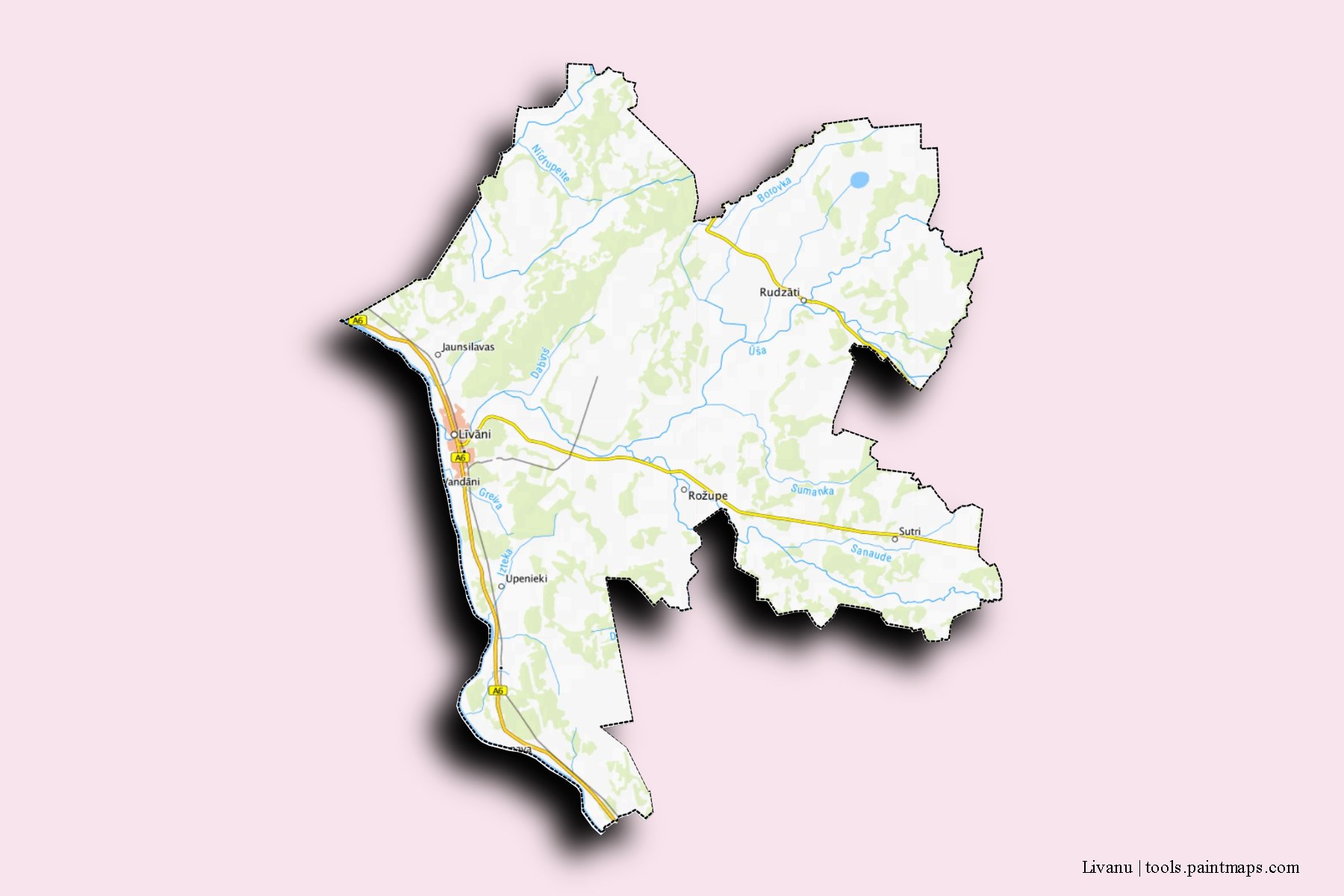 Mapa de Livanu y sus distritos con efecto de sombra 3D