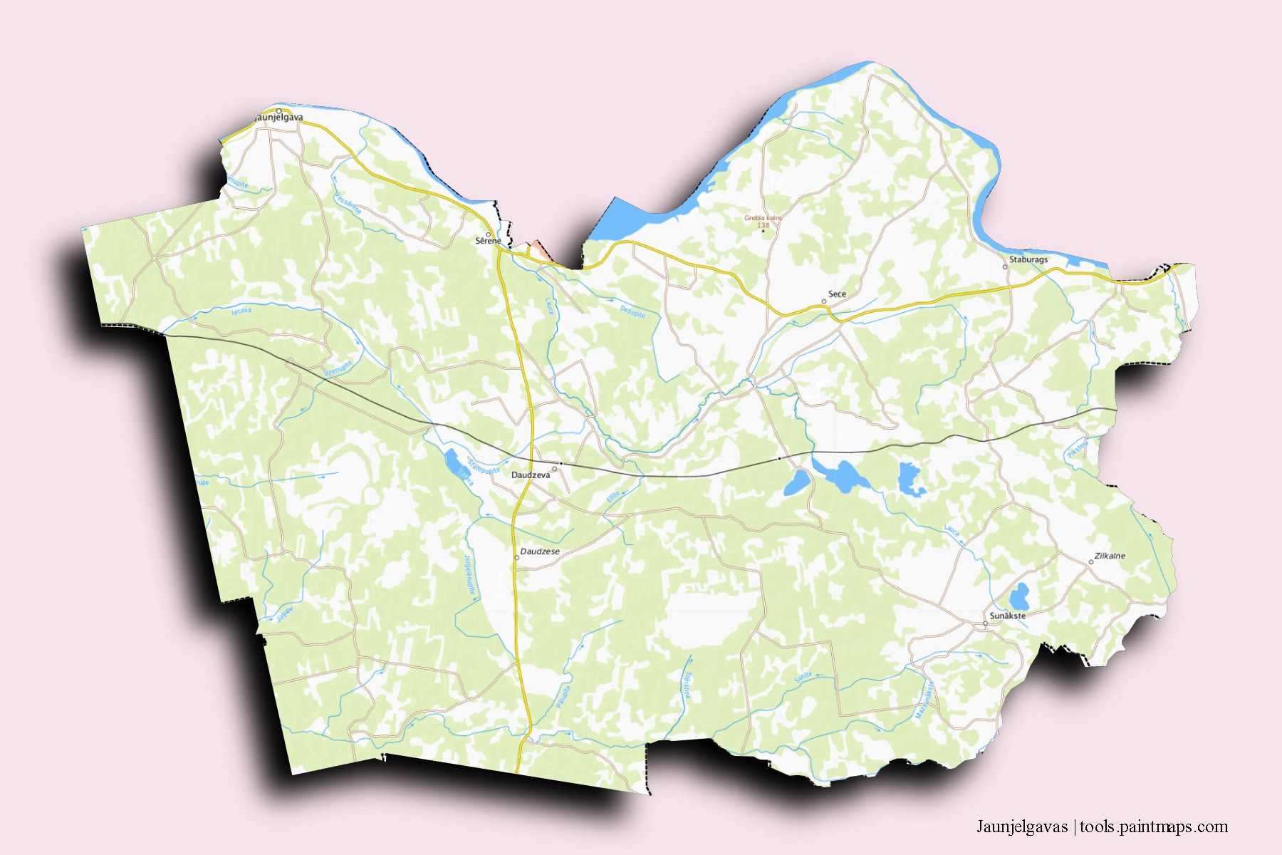 Mapa de Jaunjelgavas y sus distritos con efecto de sombra 3D