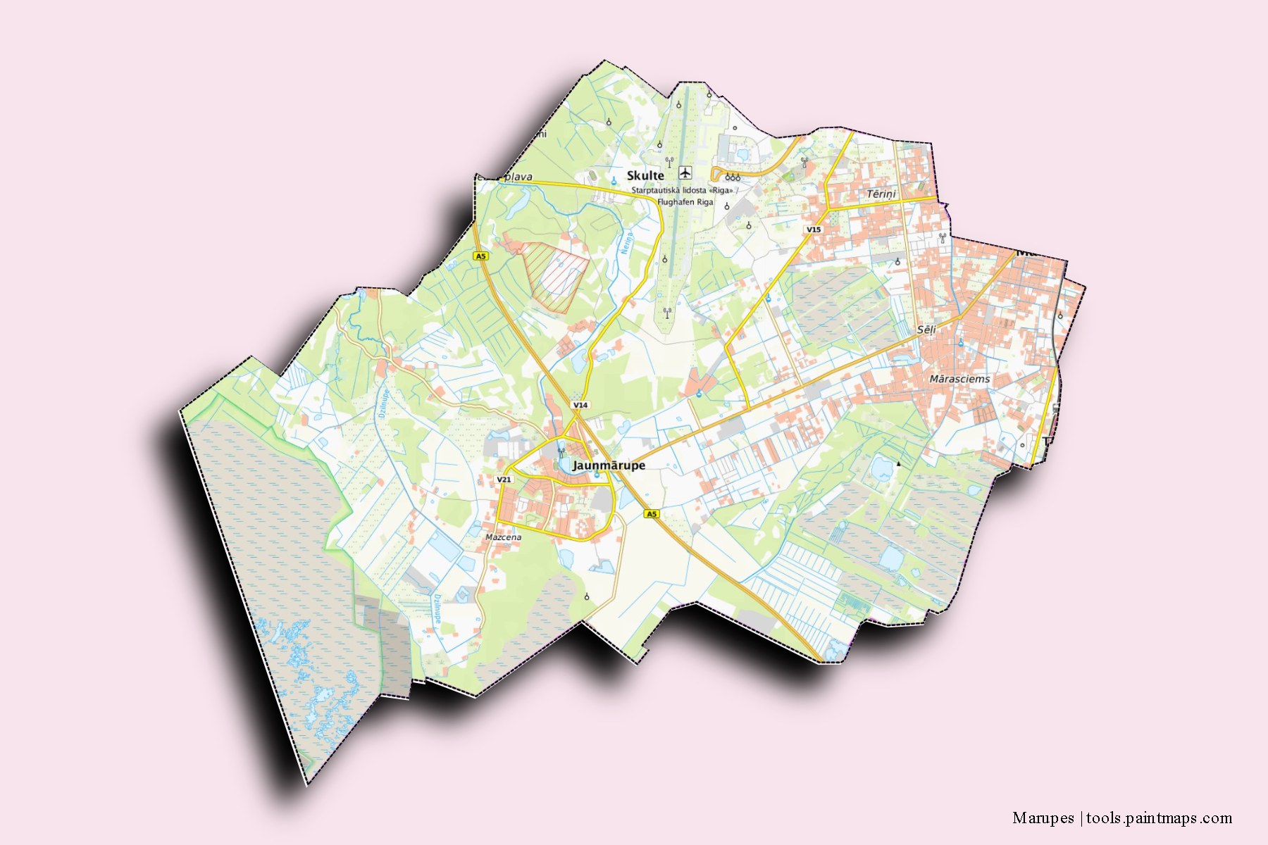 Marupes and counties map with 3D shadow effect