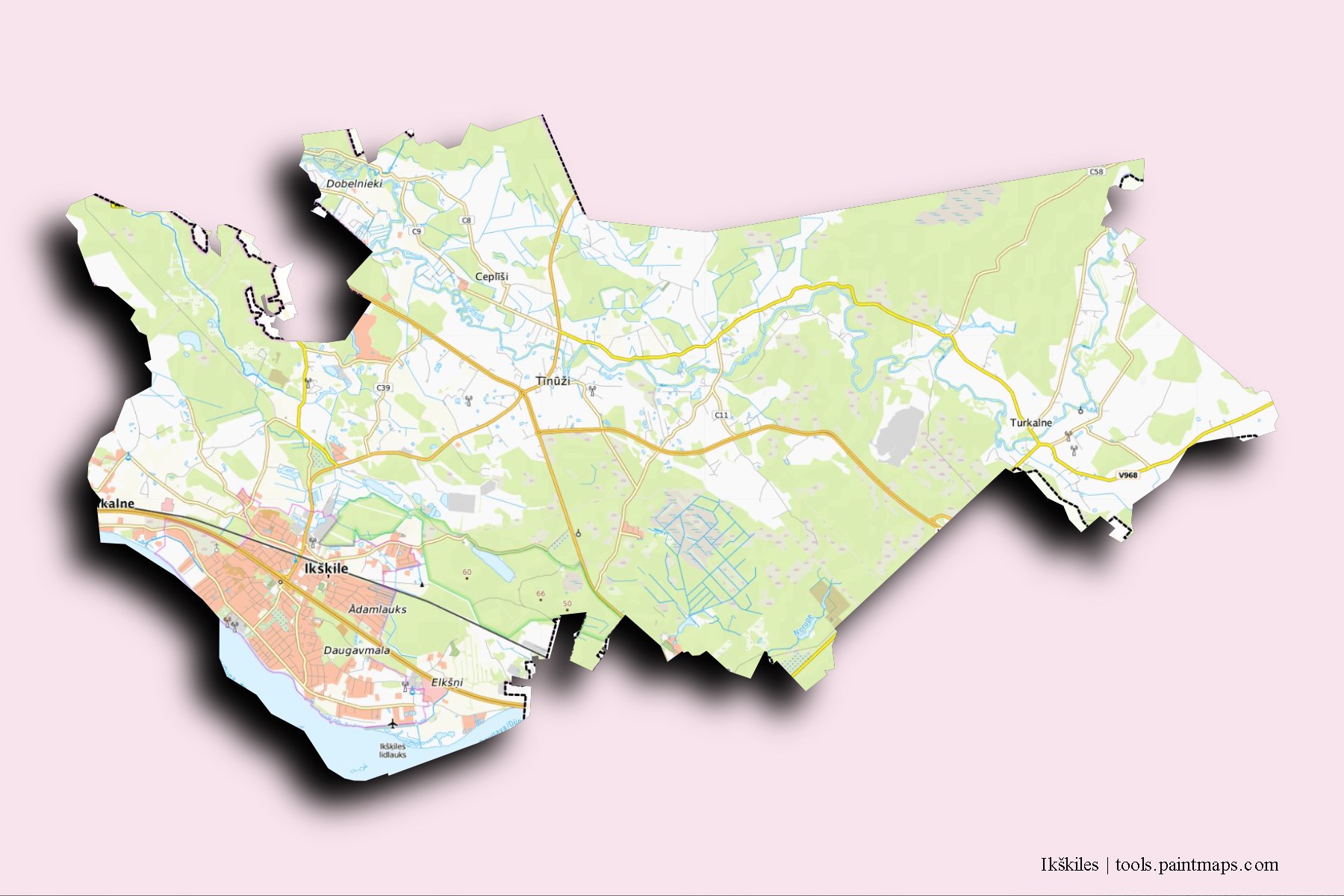 Mapa de Ikškiles y sus distritos con efecto de sombra 3D