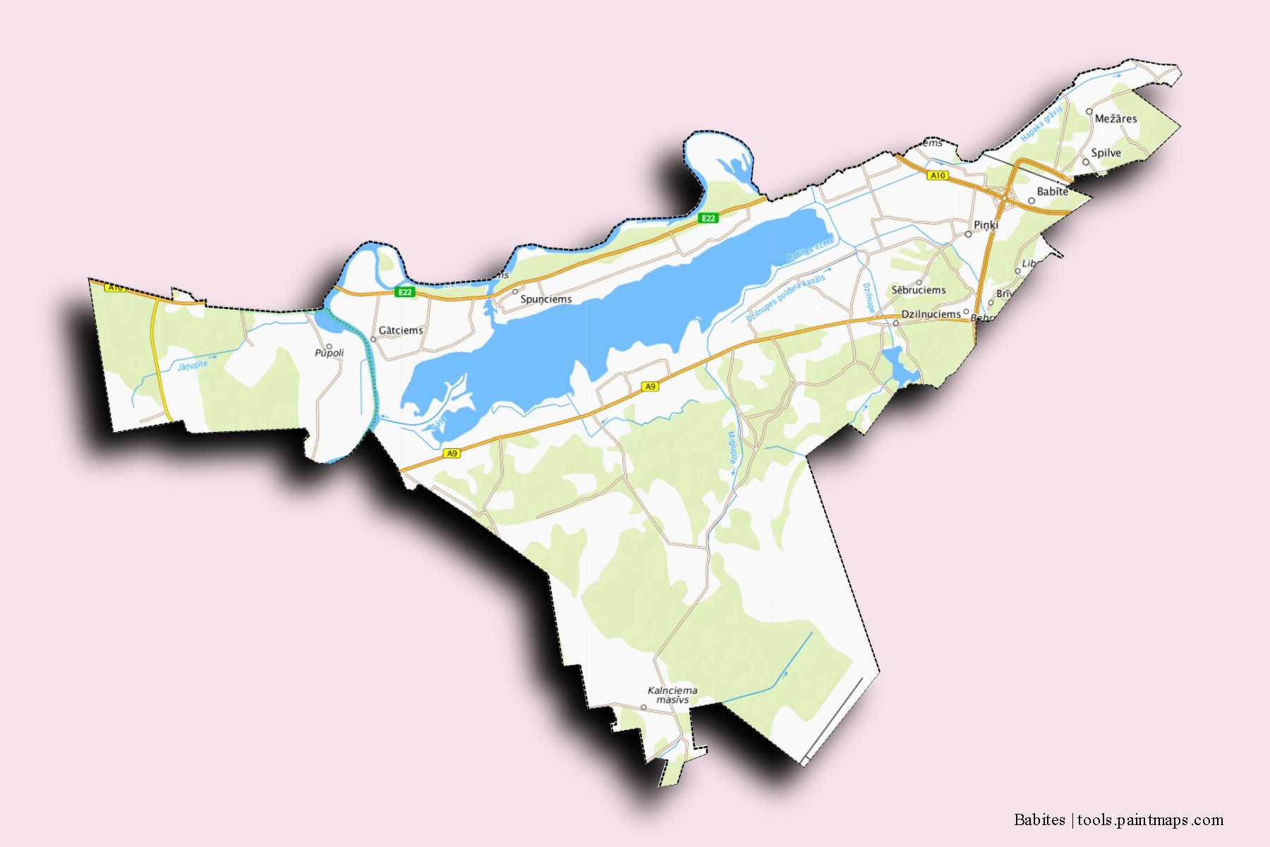 Mapa de Babites y sus distritos con efecto de sombra 3D