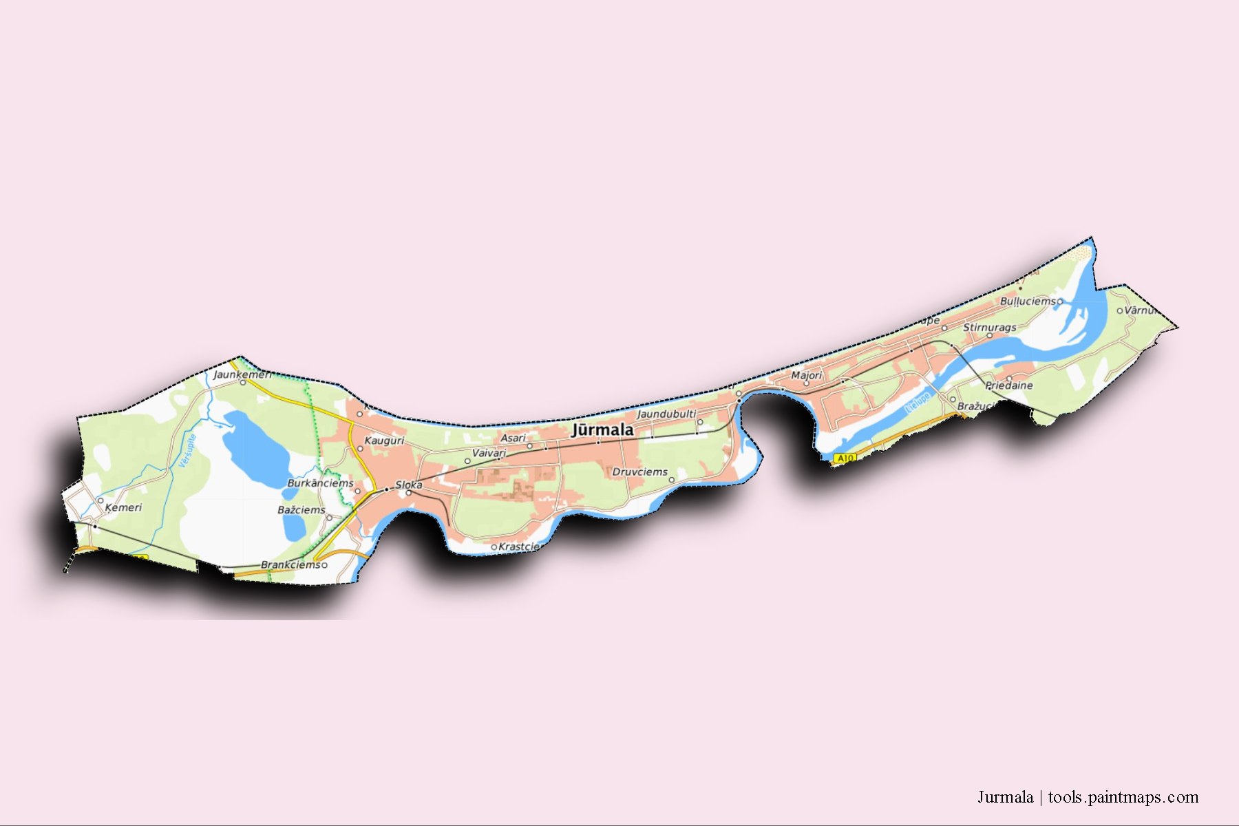 Mapa de Jurmala y sus distritos con efecto de sombra 3D