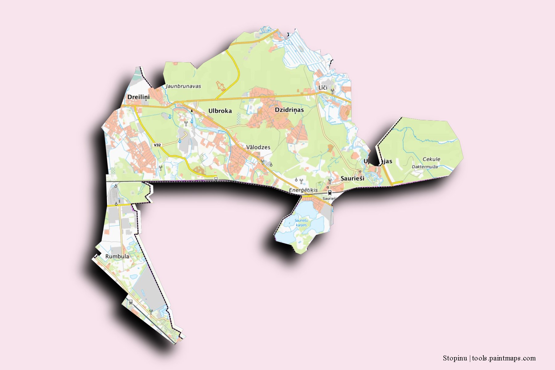 Stopinu and counties map with 3D shadow effect