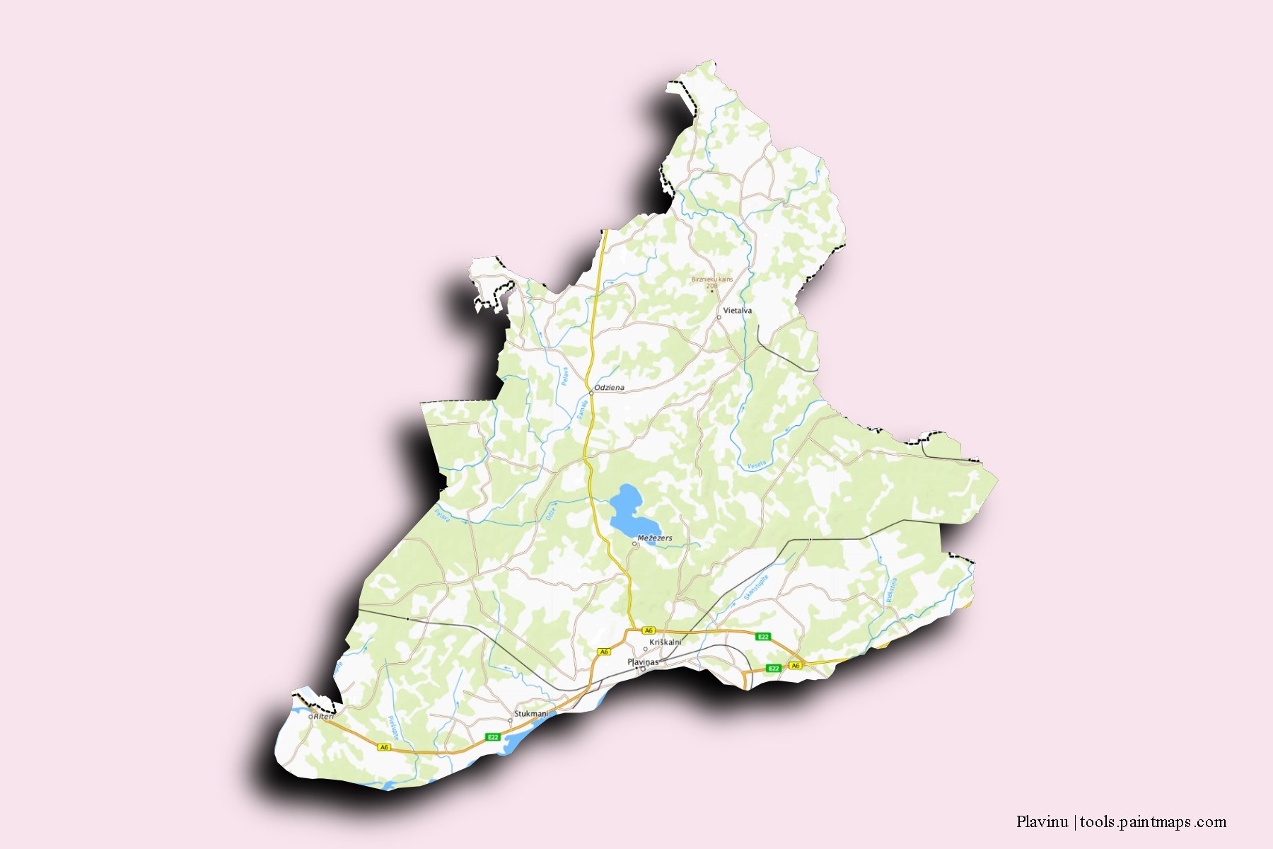 Mapa de Plavinu y sus distritos con efecto de sombra 3D