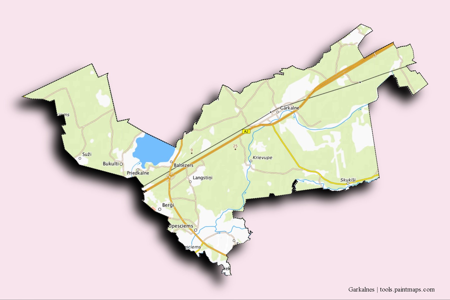 Mapa de Garkalnes y sus distritos con efecto de sombra 3D