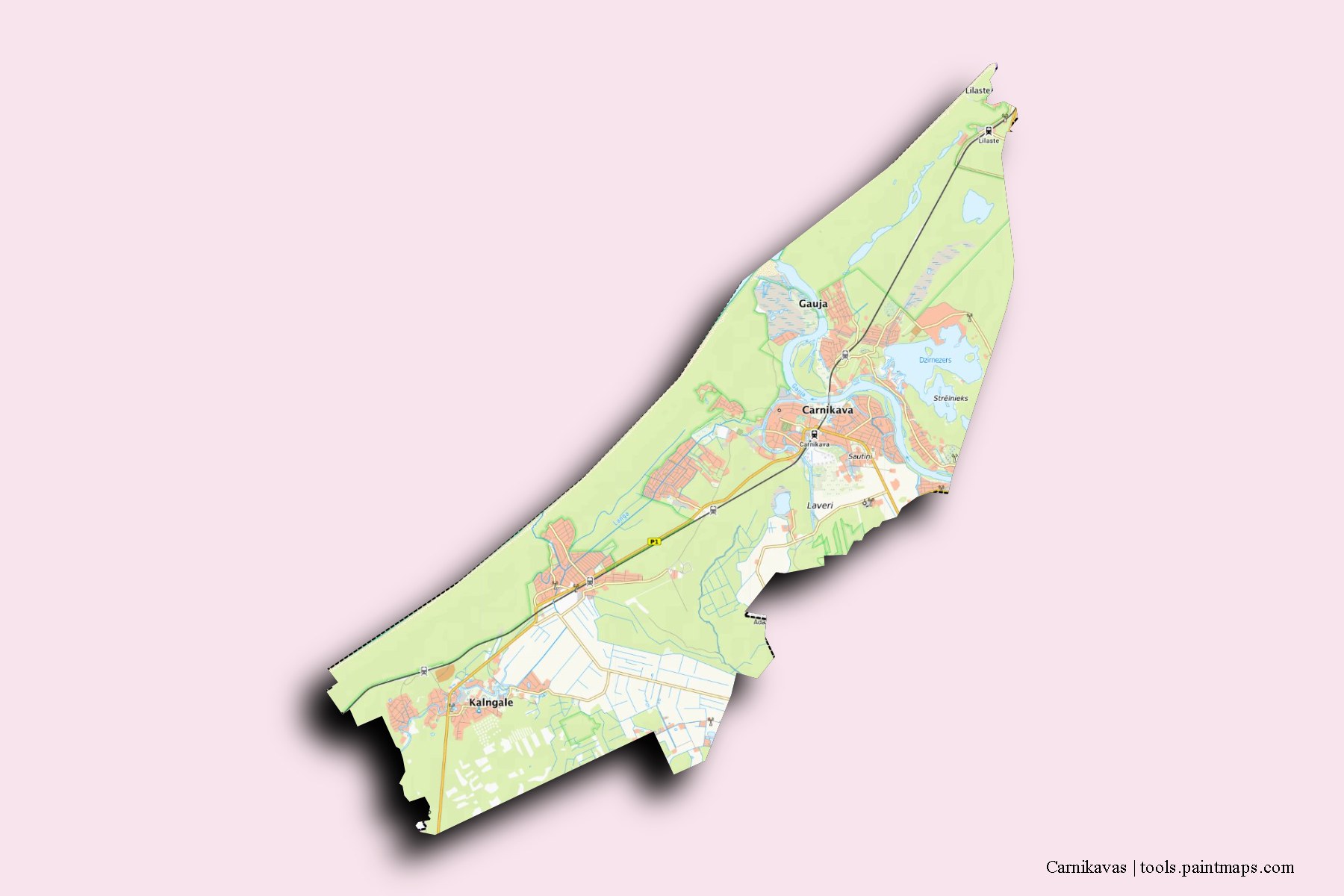 Carnikavas and counties map with 3D shadow effect