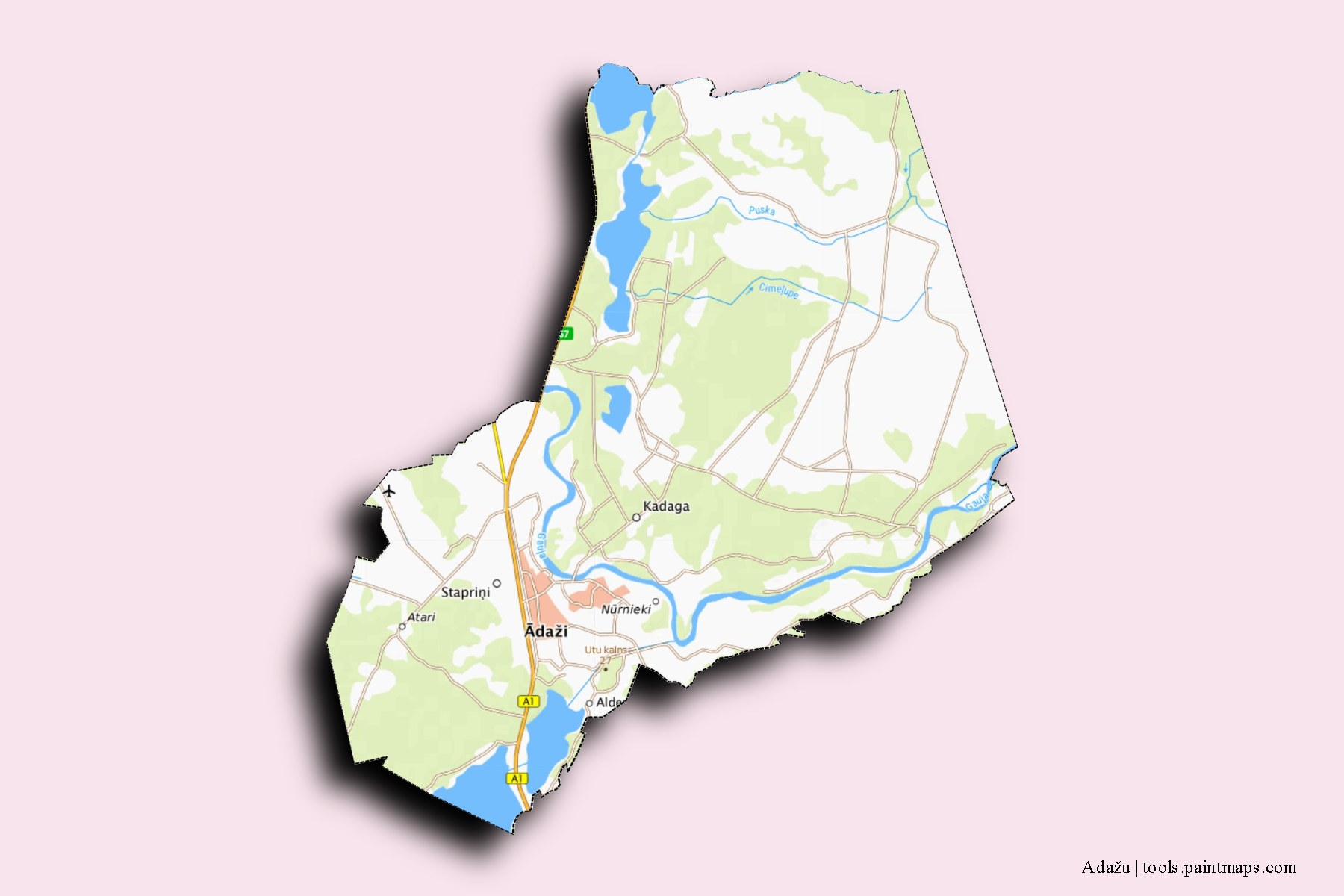 Mapa de Adažu y sus distritos con efecto de sombra 3D