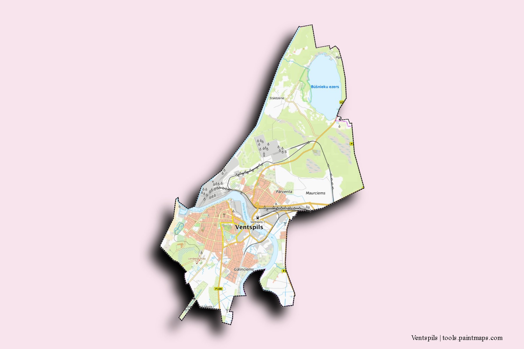 Mapa de Ventspils y sus distritos con efecto de sombra 3D