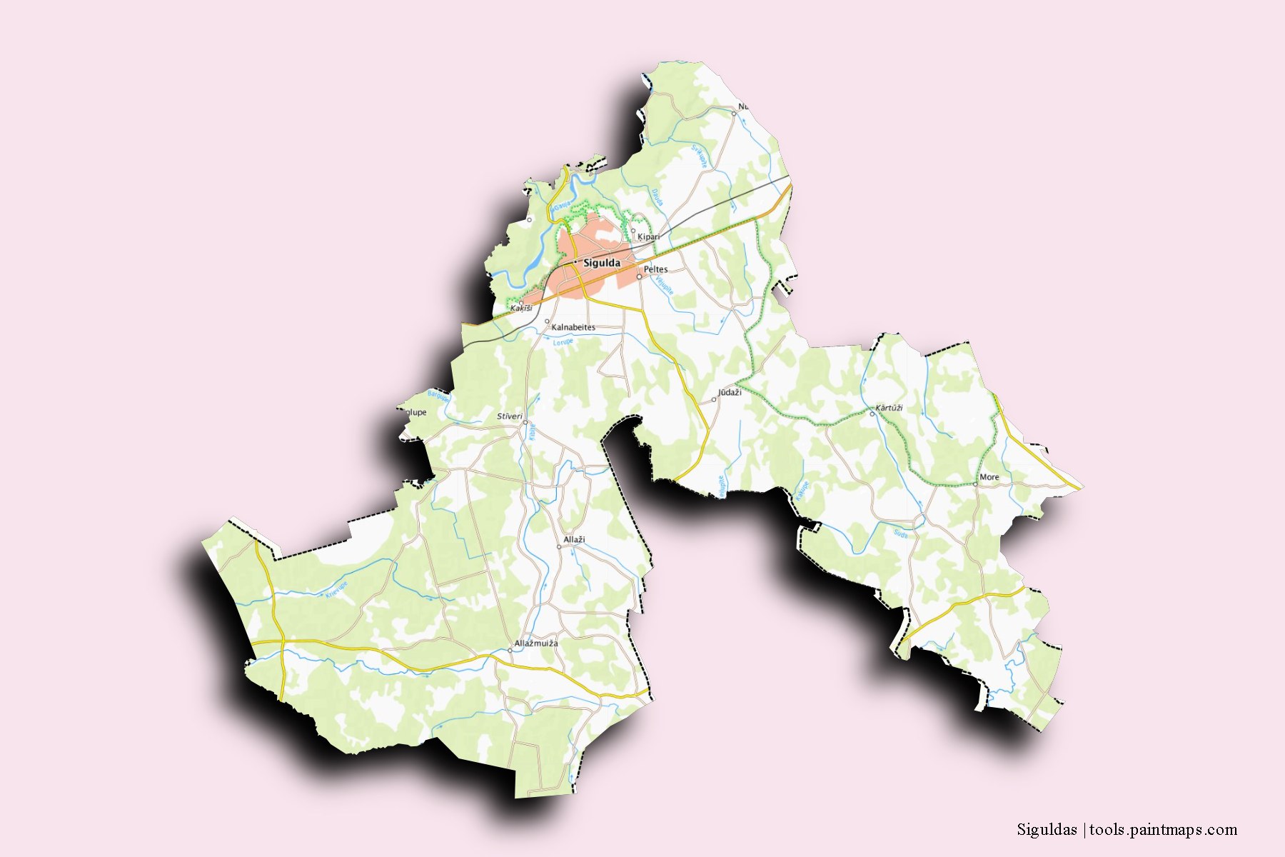 Mapa de Siguldas y sus distritos con efecto de sombra 3D