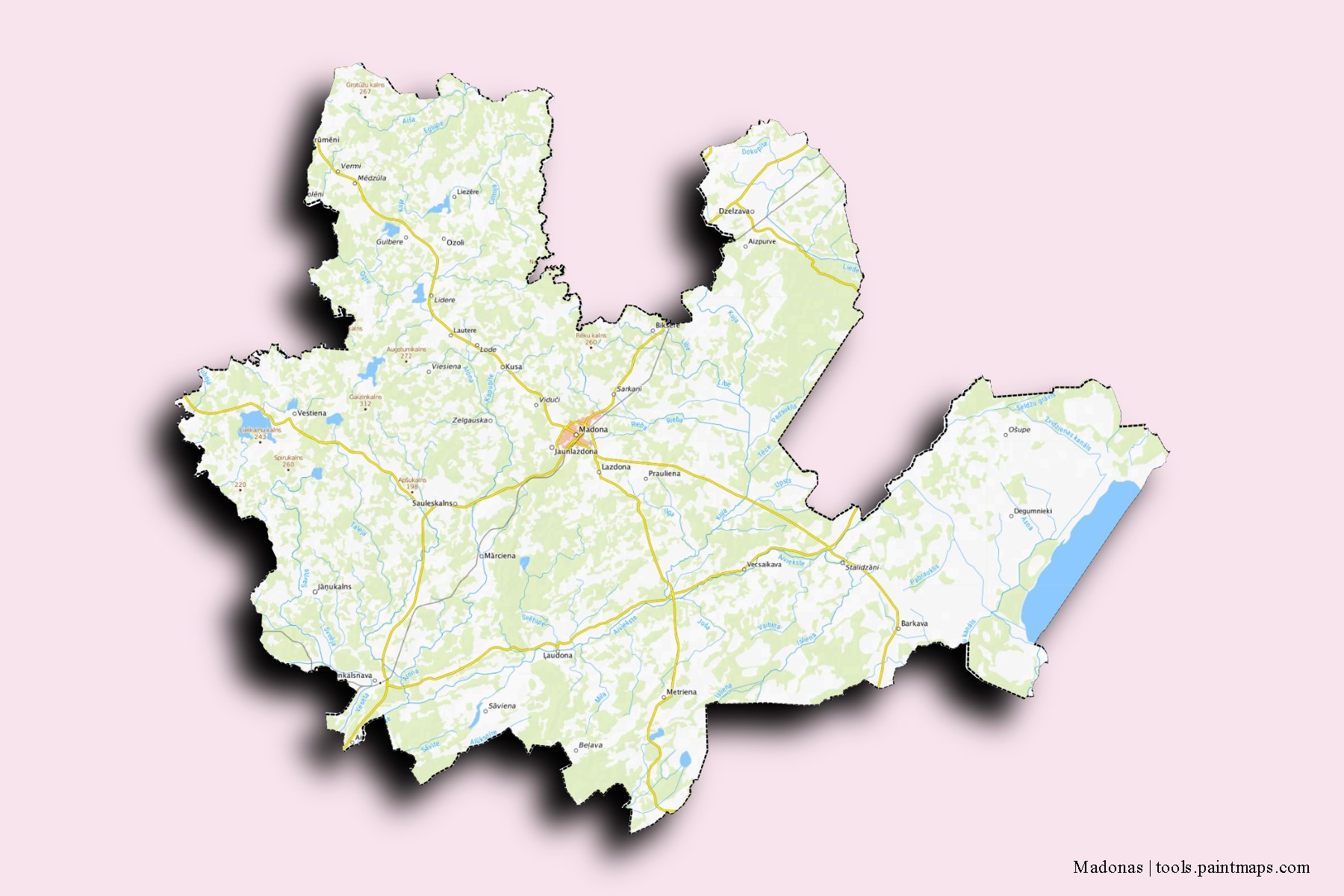 Madonas and counties map with 3D shadow effect