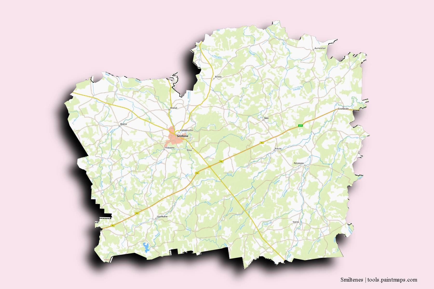 Mapa de Smiltenes y sus distritos con efecto de sombra 3D