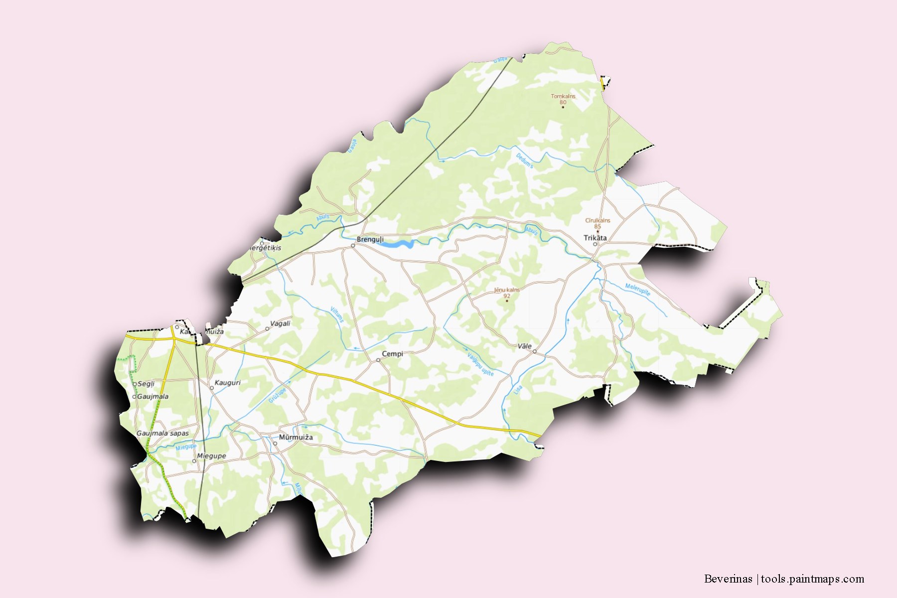 Mapa de Beverinas y sus distritos con efecto de sombra 3D