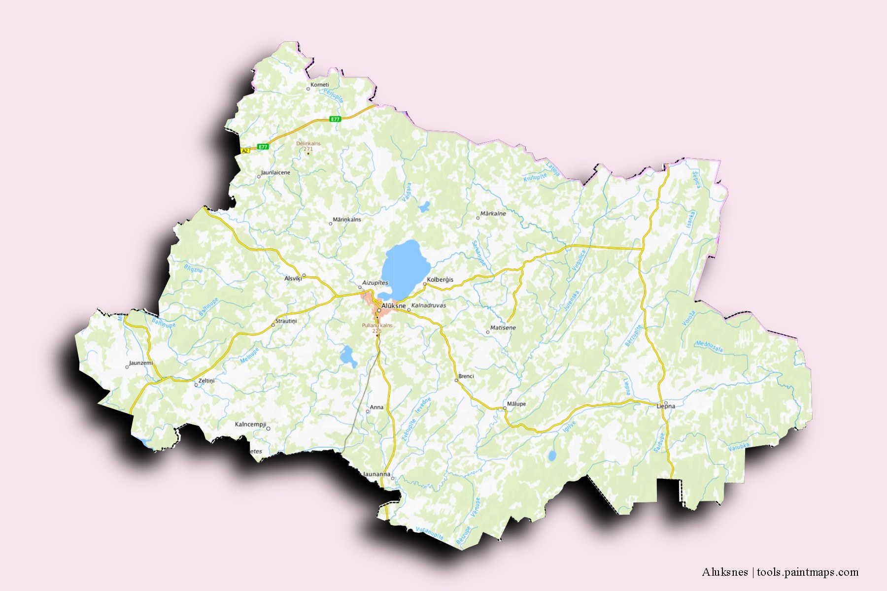 Mapa de Aluksnes y sus distritos con efecto de sombra 3D