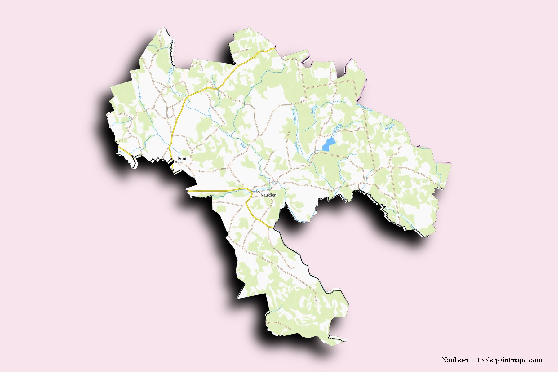 Mapa de Nauksenu y sus distritos con efecto de sombra 3D