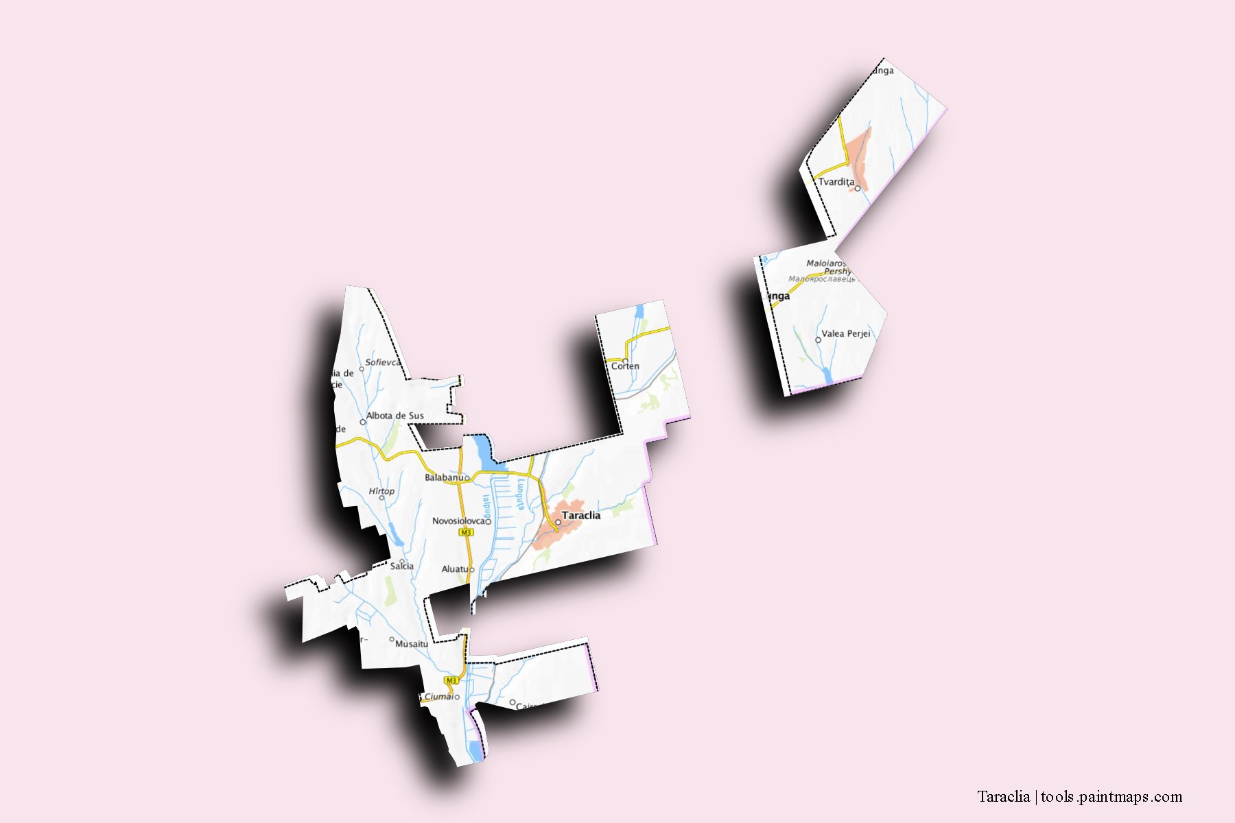 3D gölge efektli Taraclia District ve ilçeleri haritası