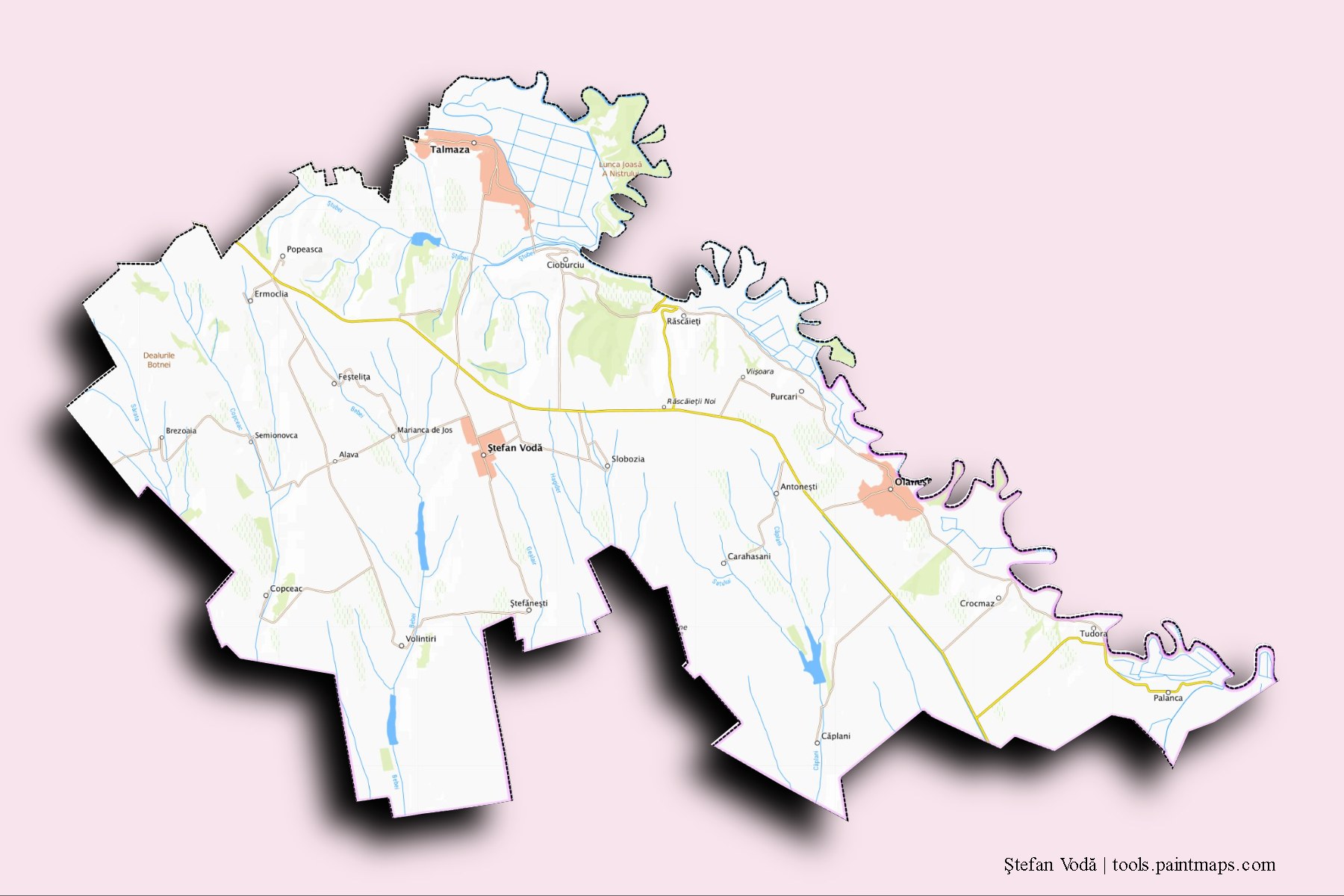 Stefan Voda and counties map with 3D shadow effect