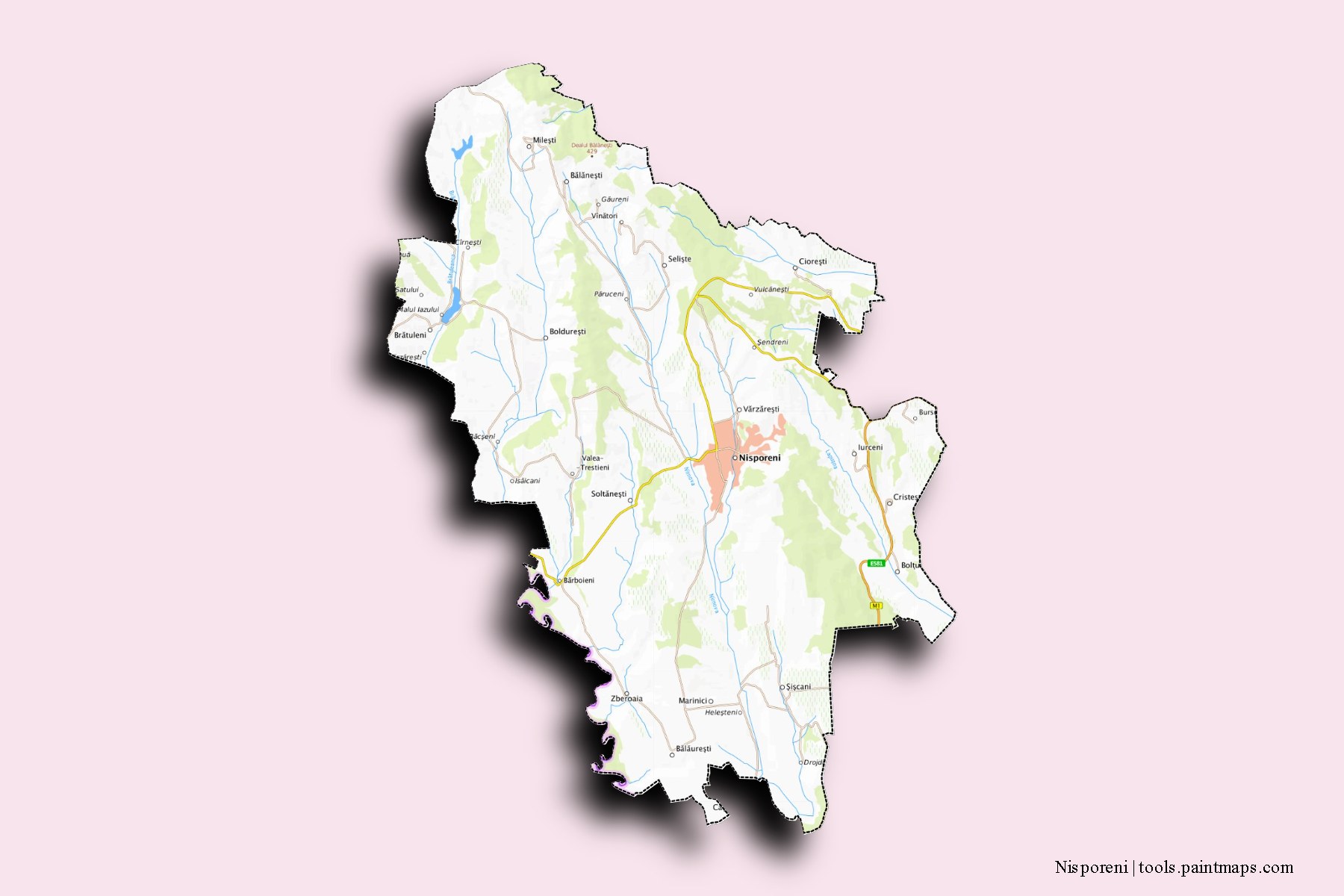 3D gölge efektli Nisporeni District ve ilçeleri haritası