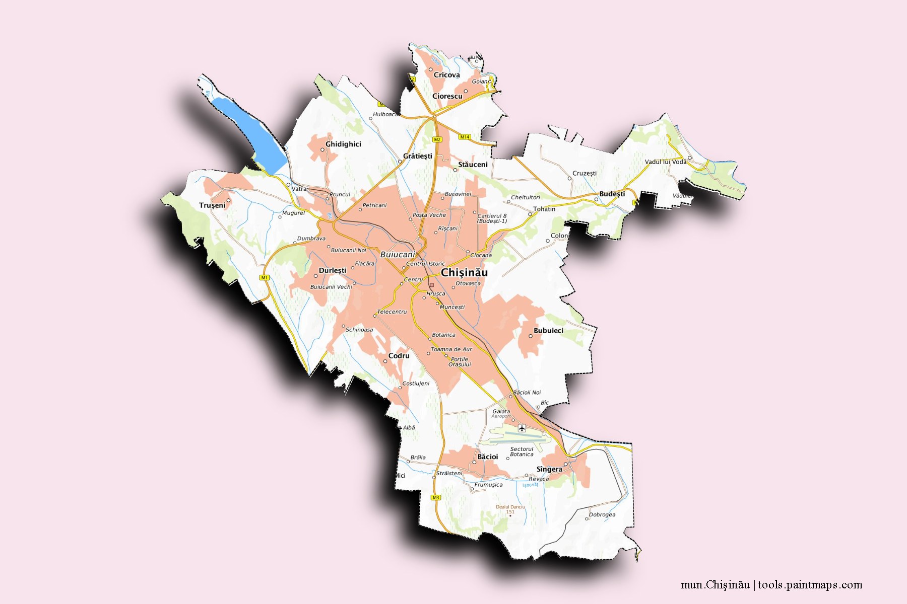 Mapa de mun.Chişinău y sus distritos con efecto de sombra 3D