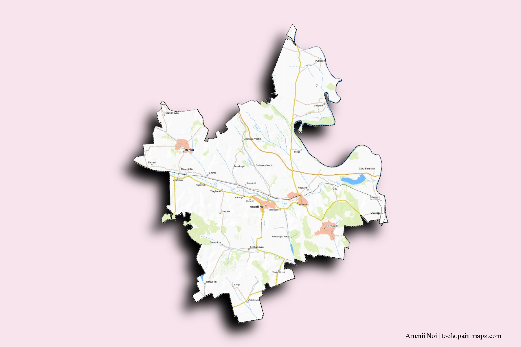 Anenii Noi and counties map with 3D shadow effect