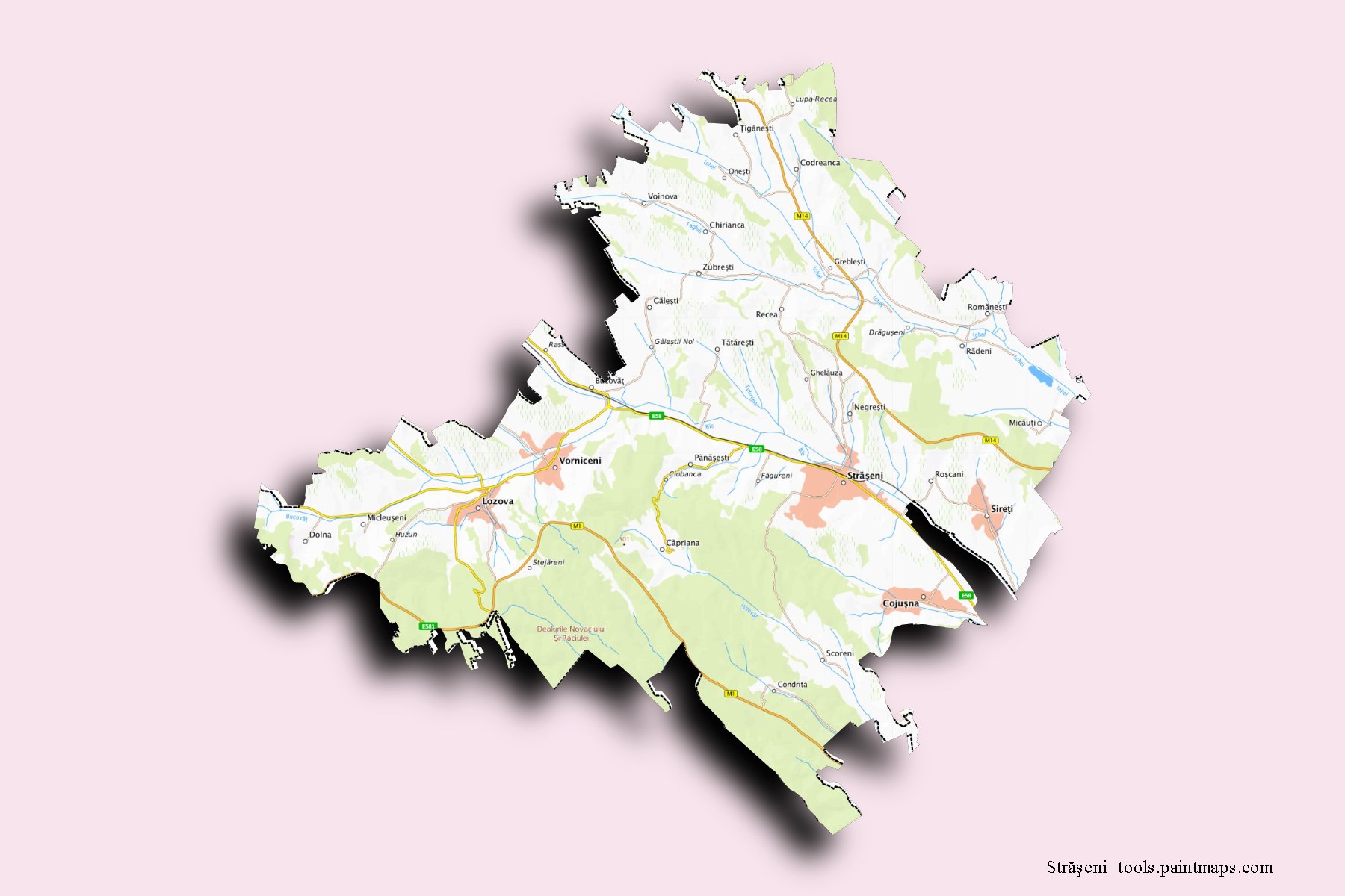 3D gölge efektli Straseni District ve ilçeleri haritası