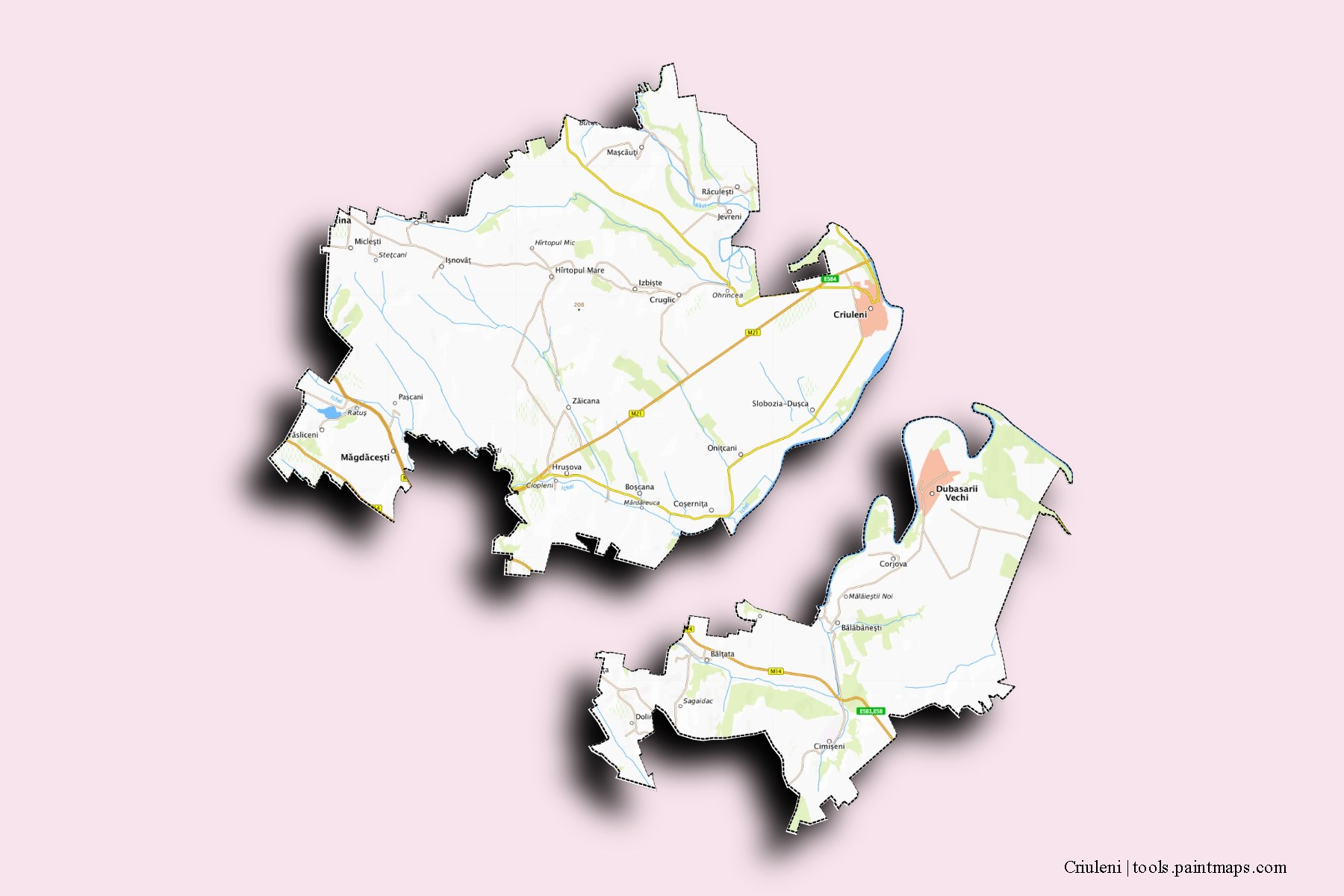 3D gölge efektli Criuelni District ve ilçeleri haritası