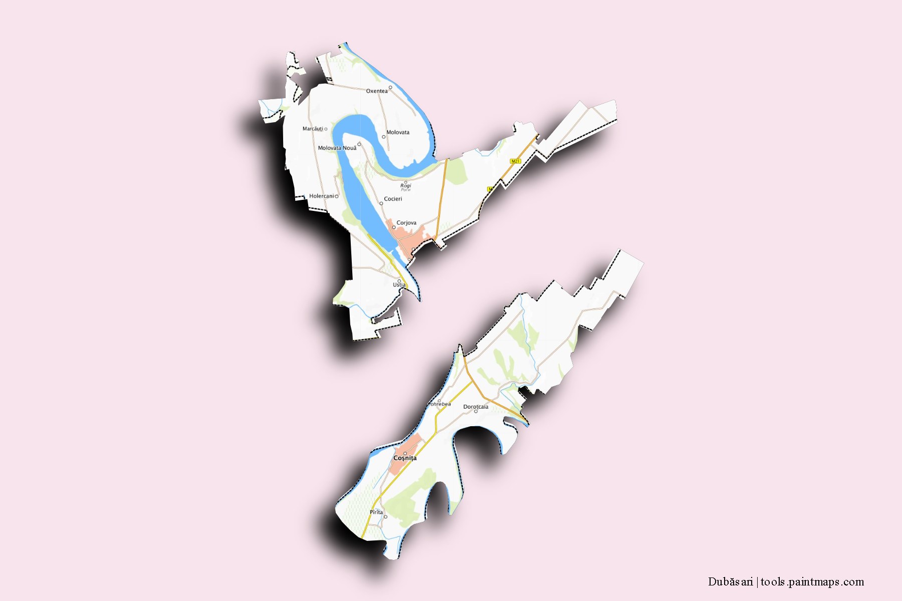 Mapa de Dubăsari y sus distritos con efecto de sombra 3D