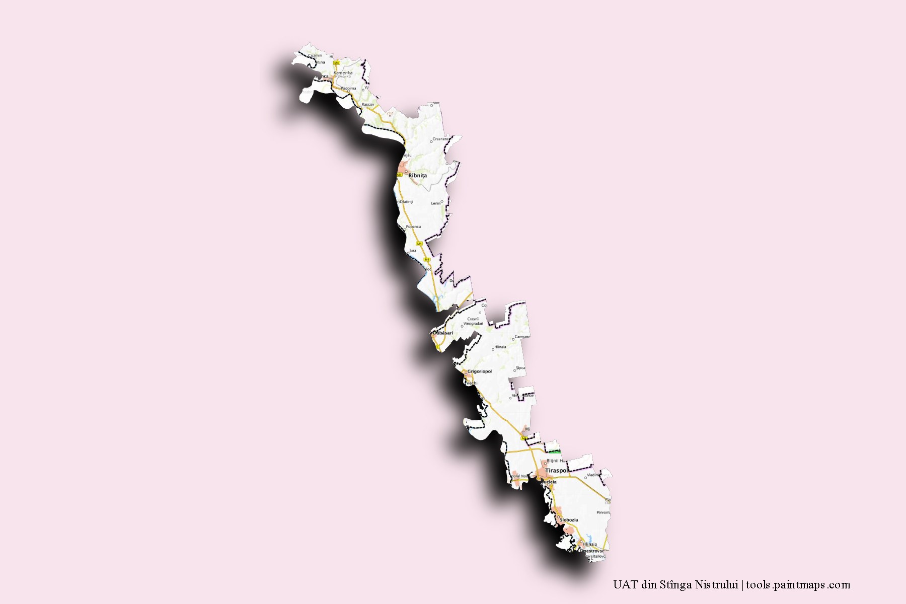 Transnistria and counties map with 3D shadow effect