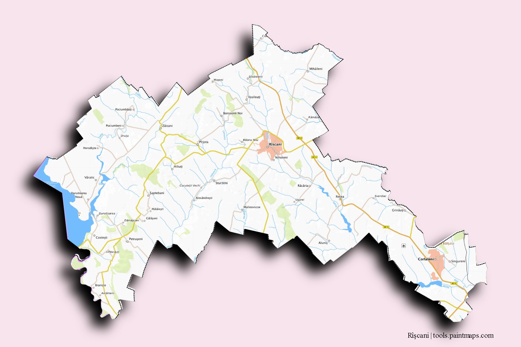 Mapa de Rîşcani y sus distritos con efecto de sombra 3D