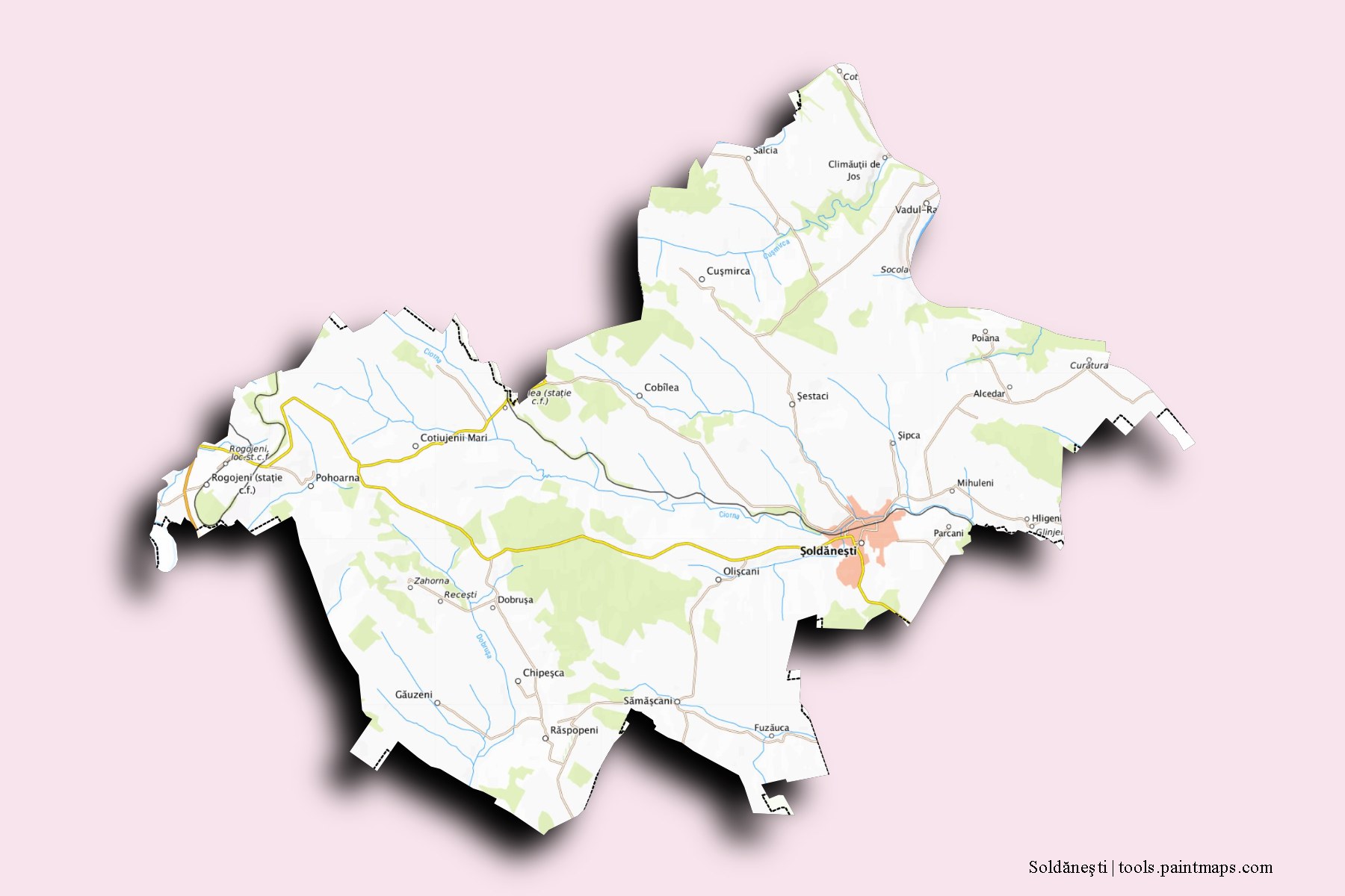 Mapa de Soldăneşti y sus distritos con efecto de sombra 3D