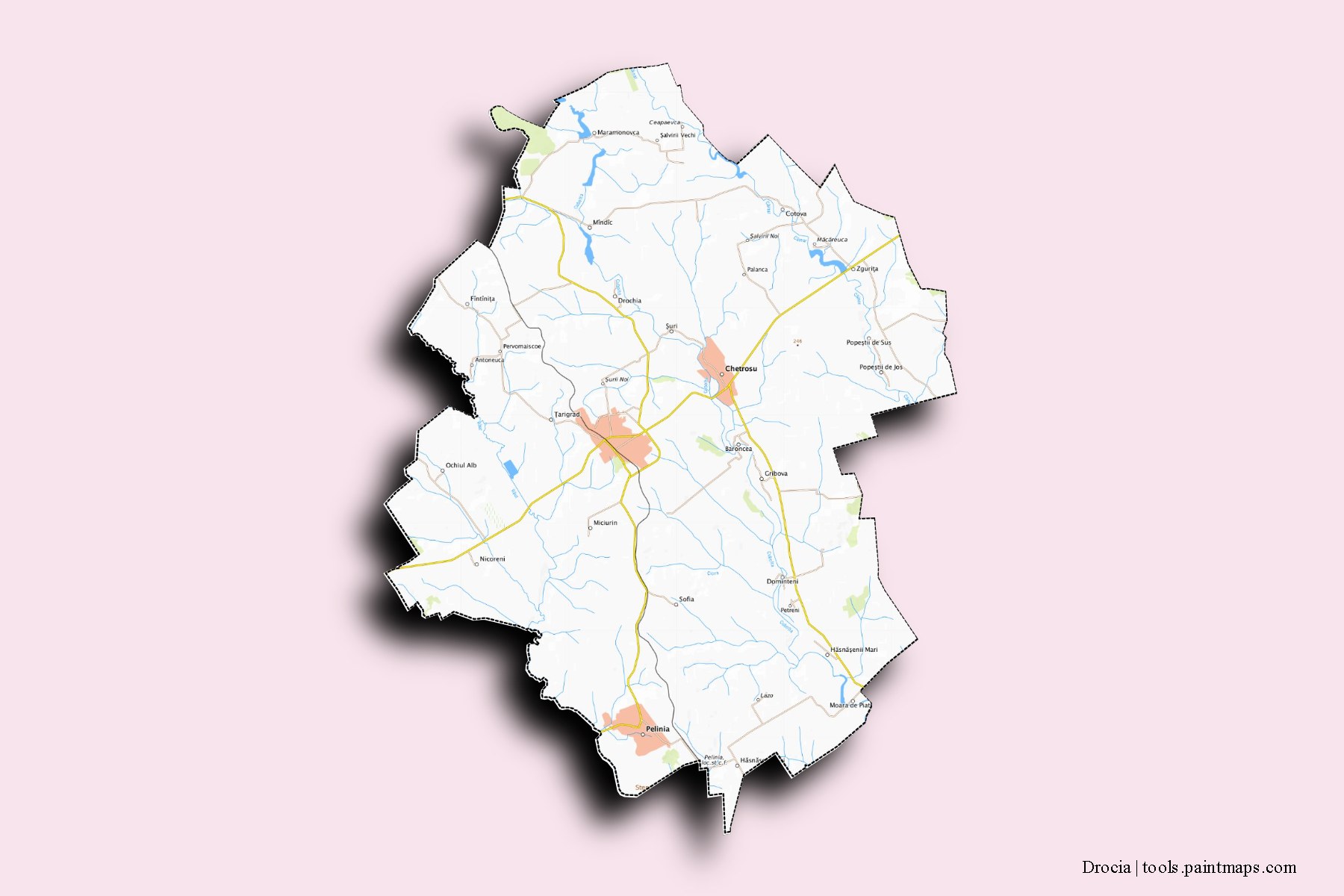 3D gölge efektli Drochia District ve ilçeleri haritası