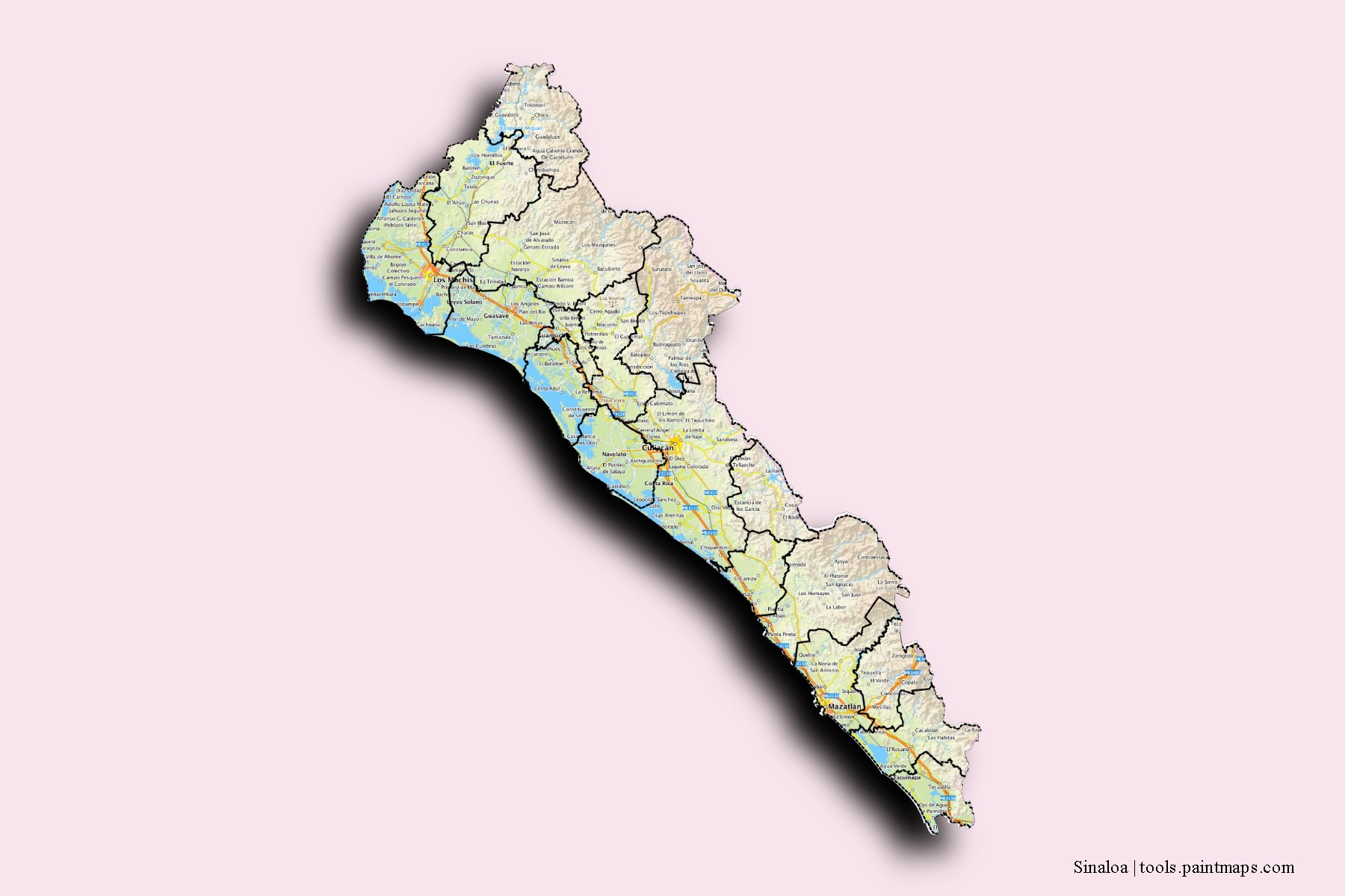 Sinaloa and counties map with 3D shadow effect