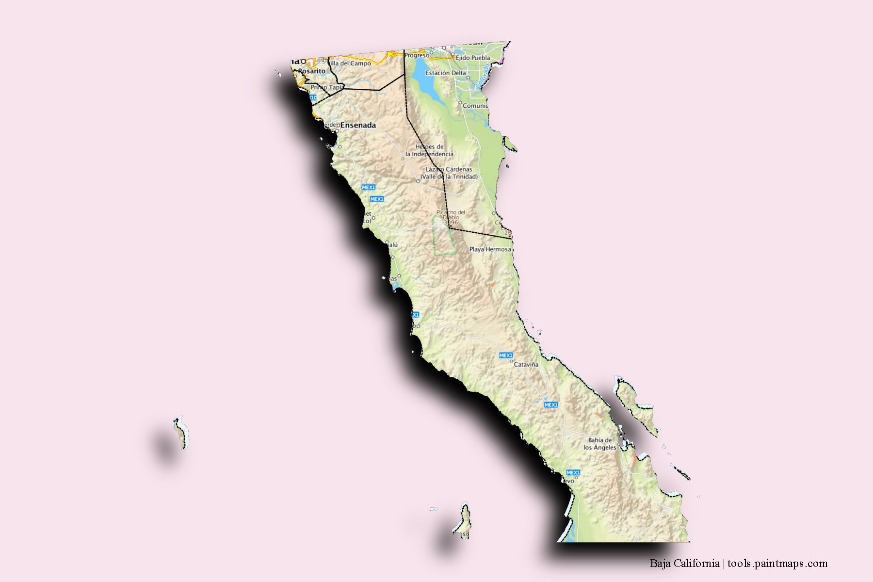 Baja California and counties map with 3D shadow effect